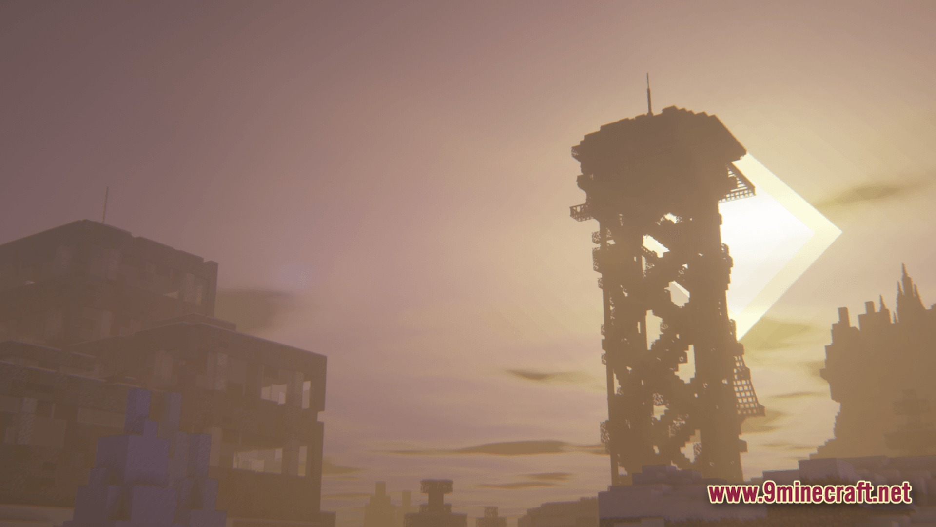 A silhouetted radio tower and abandoned buildings stand against a hazy, sunlit post-apocalyptic sky