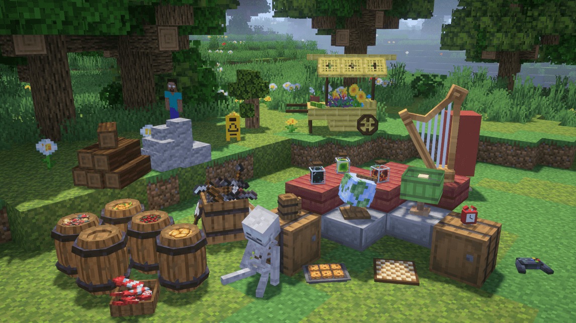 Decorations Plus Data Pack (26.1.2, 1.21.11) – Craft Cozy Furniture 2 Various decorative items like food barrels and a harp placed in a field