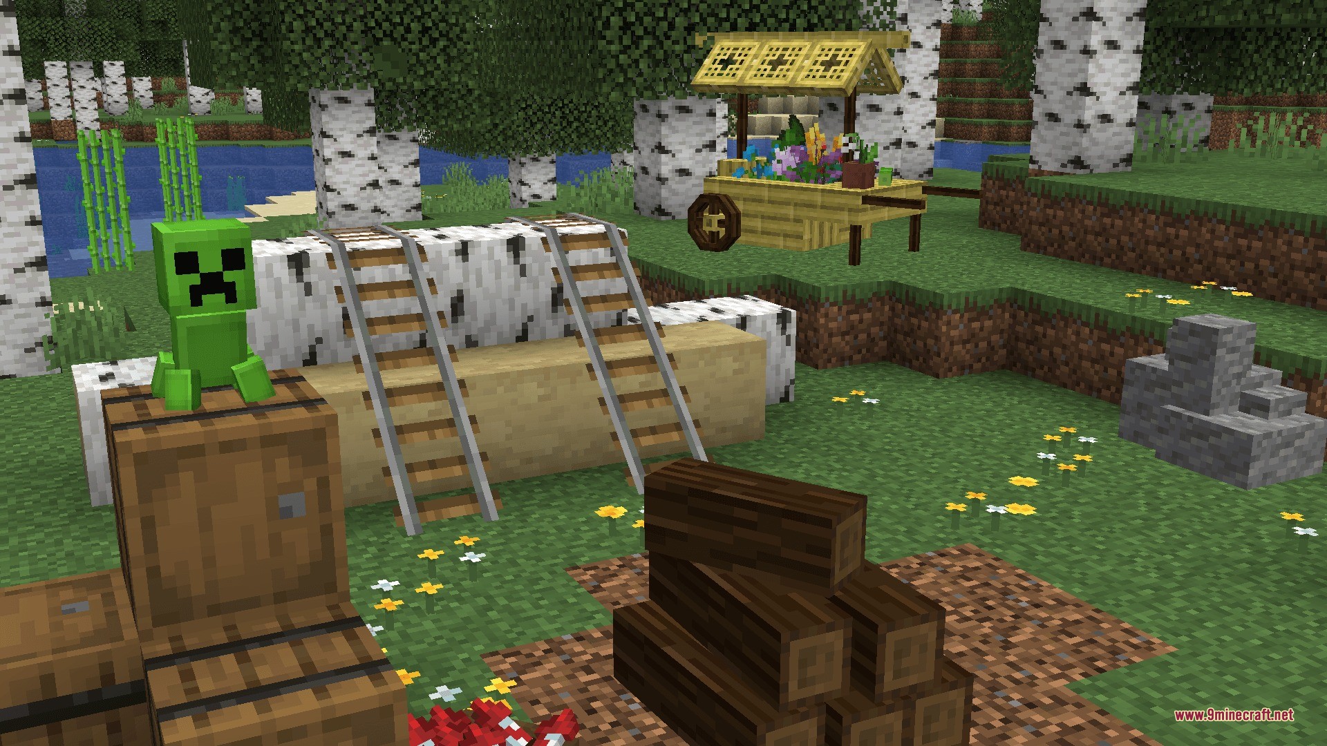 Decorations Plus Data Pack (26.1.2, 1.21.11) – Craft Cozy Furniture 3 A tiny creeper figurine on a barrel next to birch logs and ladders