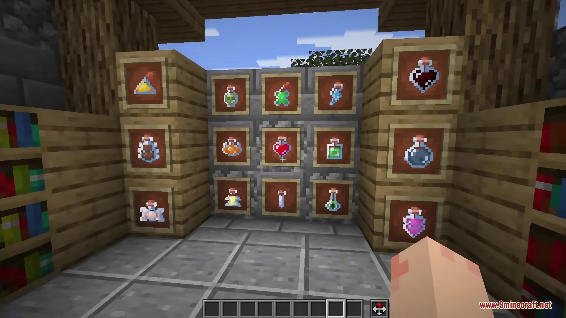 Demon Eye Phantoms Resource Pack (1.21.11, 1.20.1) – Terraria Demon Eyes Haunt 2 Various custom potion bottles displayed in item frames on wooden walls