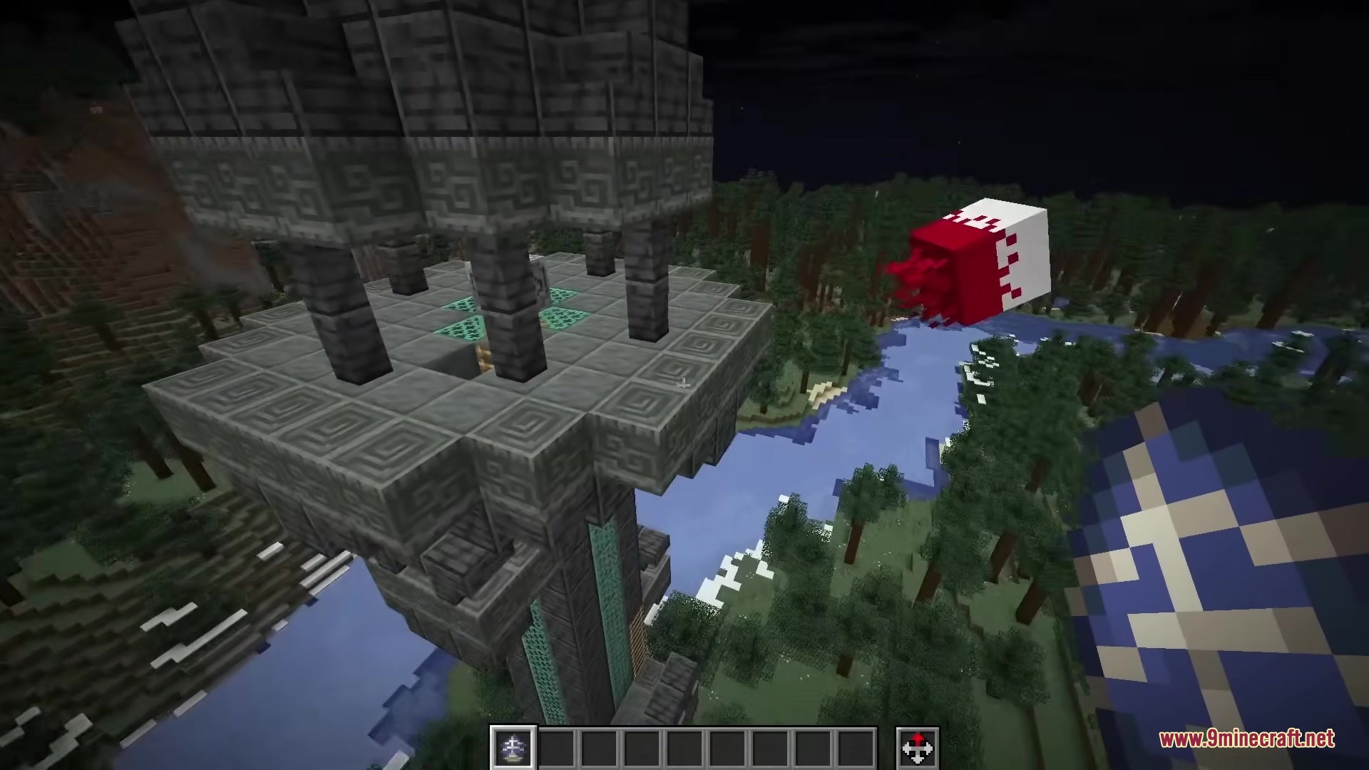Demon Eye Phantoms Resource Pack (1.21.11, 1.20.1) – Terraria Demon Eyes Haunt 3 A red demon eye phantom flying near a tall stone tower