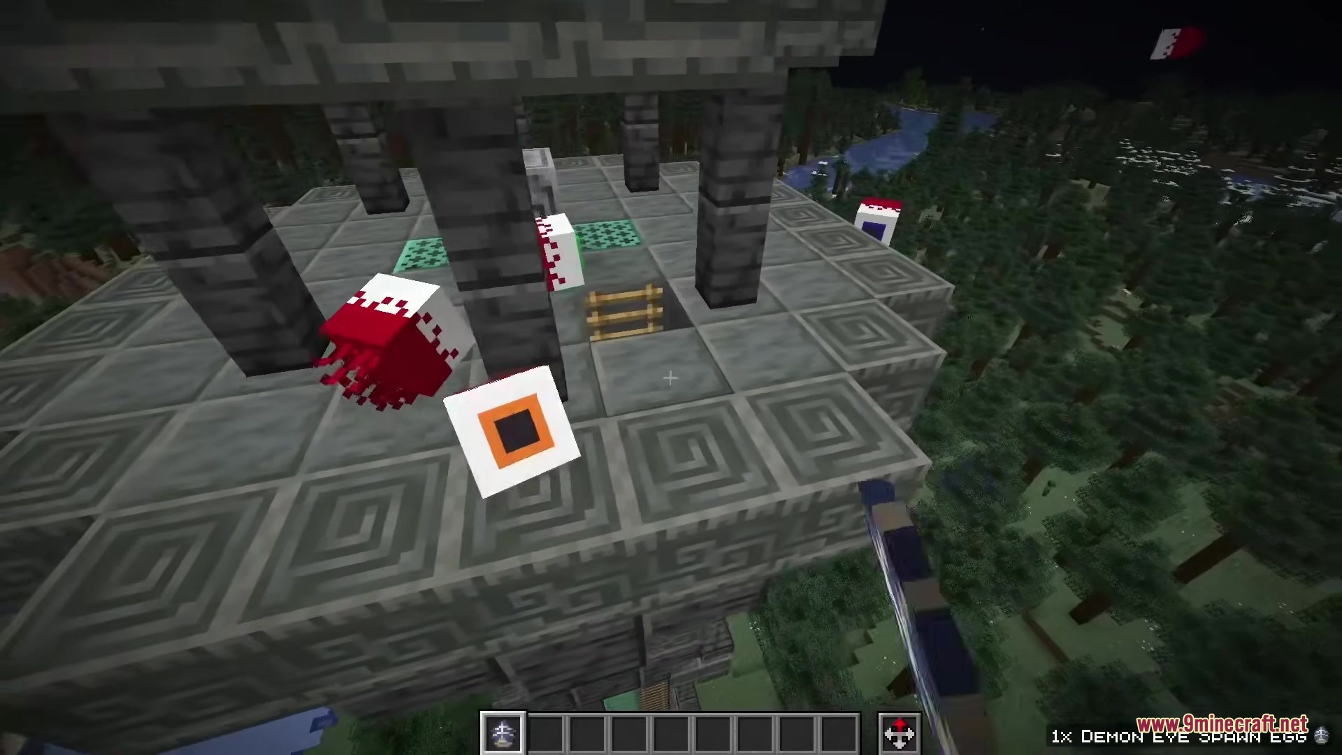 Demon Eye Phantoms Resource Pack (1.21.11, 1.20.1) – Terraria Demon Eyes Haunt 4 A player holds a spawn egg near floating demon eye phantoms at night