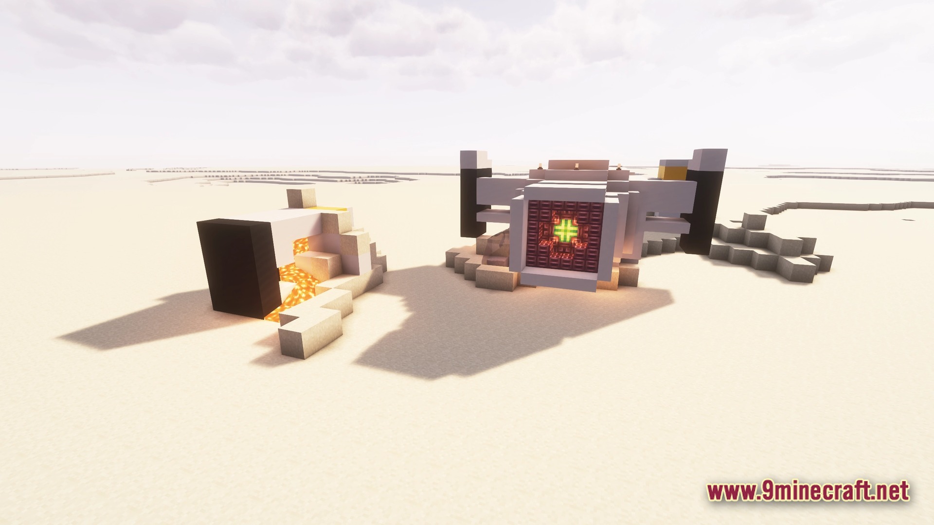 A crashed spaceship and debris scattered across a vast, barren desert landscape under a bright sky