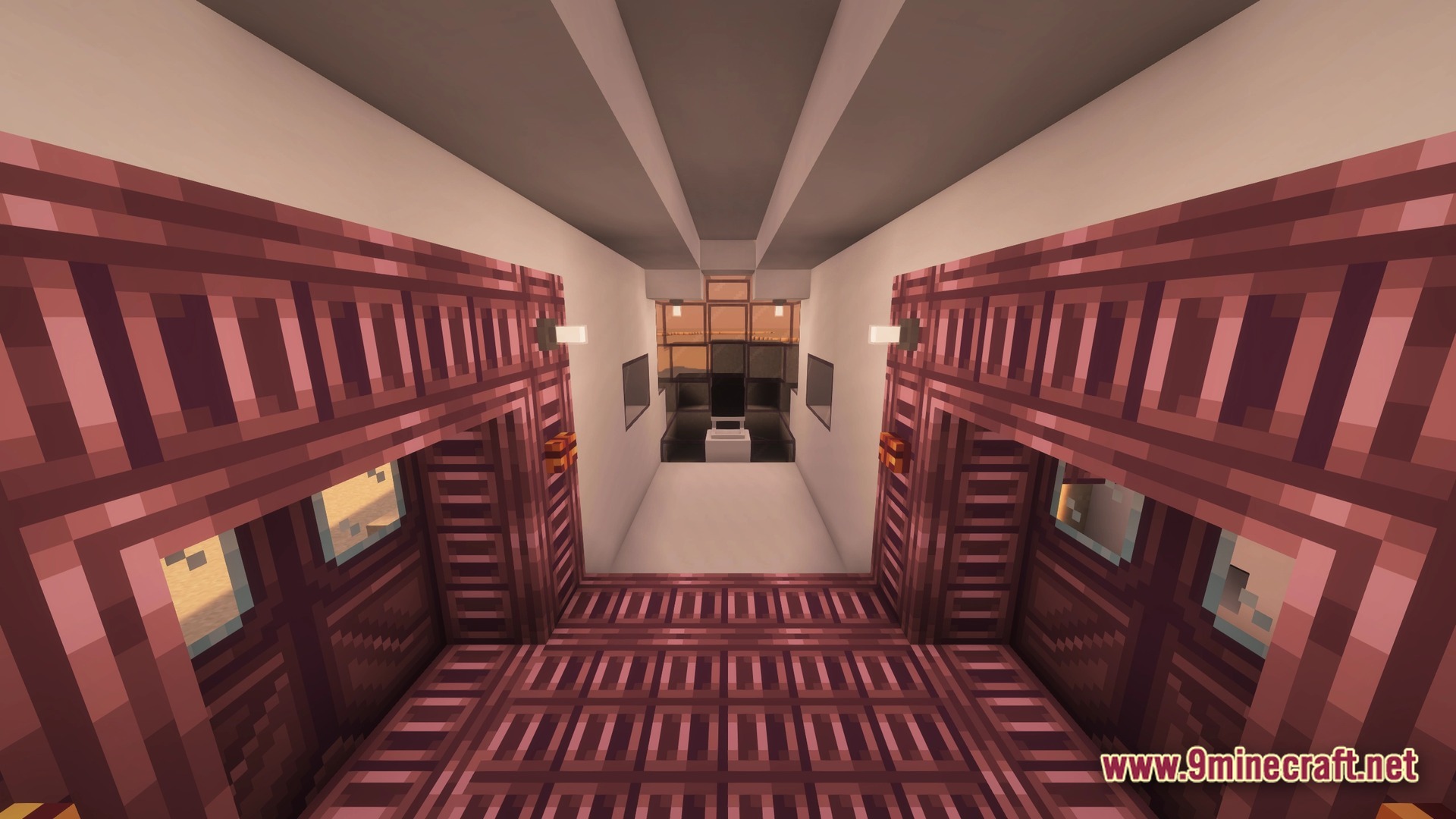 The interior of a crashed spaceship featuring a narrow hallway leading toward a cockpit