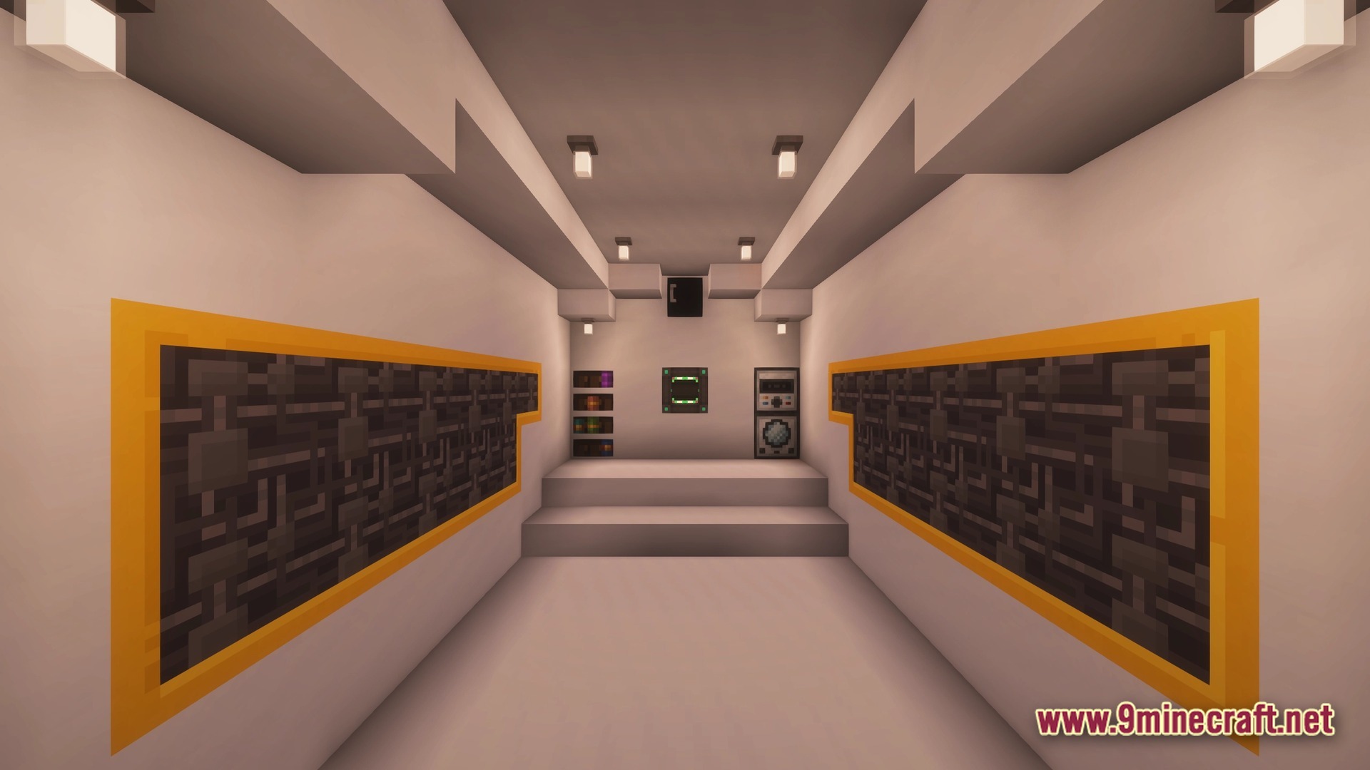 A futuristic white corridor featuring technical wall panels, ceiling lights, and various industrial machines