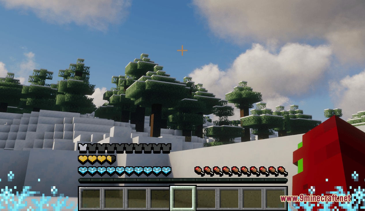 Custom heart icons for freezing and absorption effects in a snowy minecraft forest