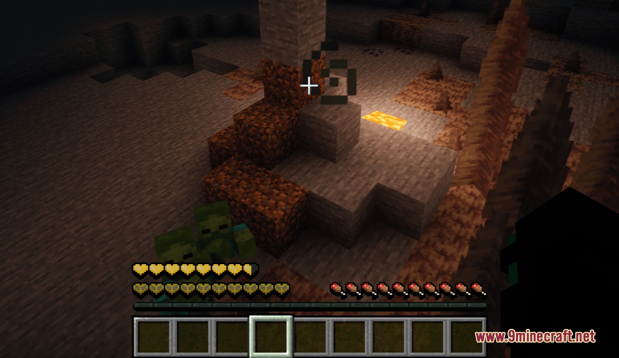 Zombies in a cave with custom yellow hearts and hunger bar icons visible