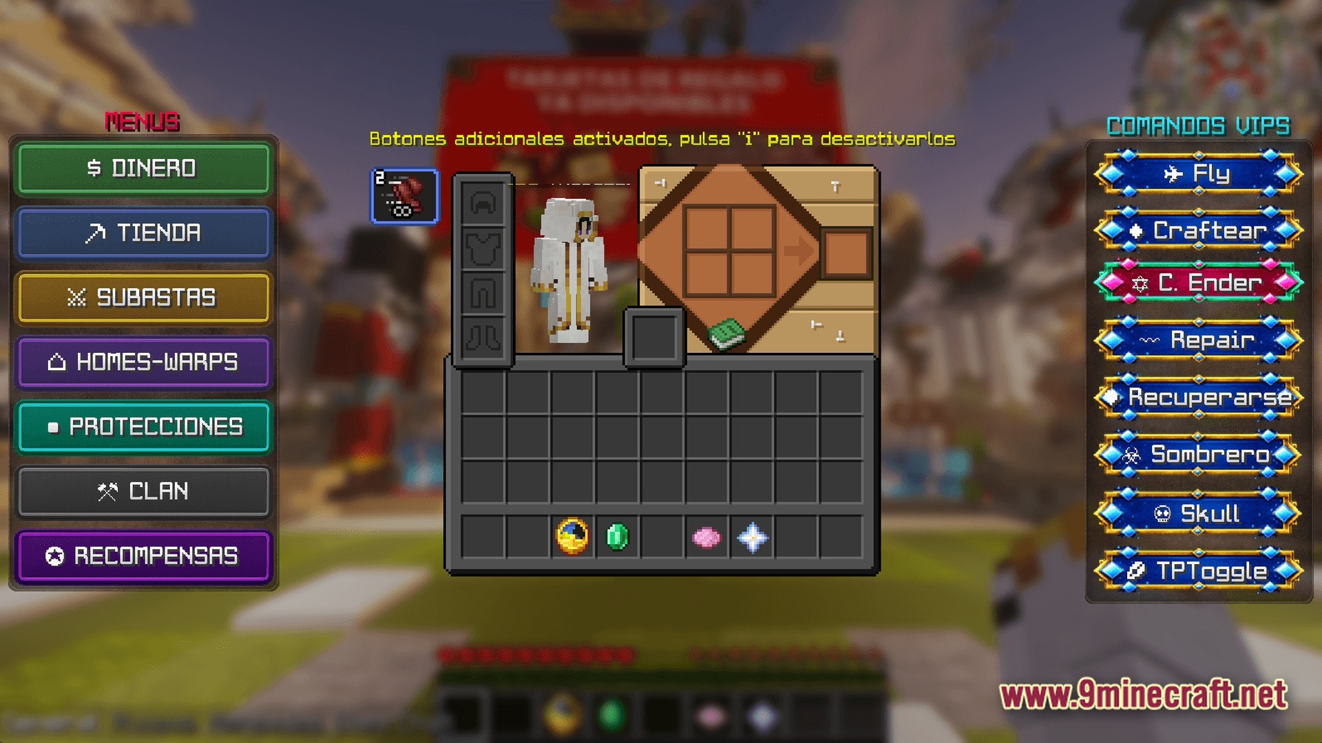 Dioses Mc Enhanced Unofficial Exo Team Modpack (1.21.8) – Play With Enhanced Creator Visuals 2 Customized player inventory interface featuring server menus, vip commands, and a stylized wooden crafting grid