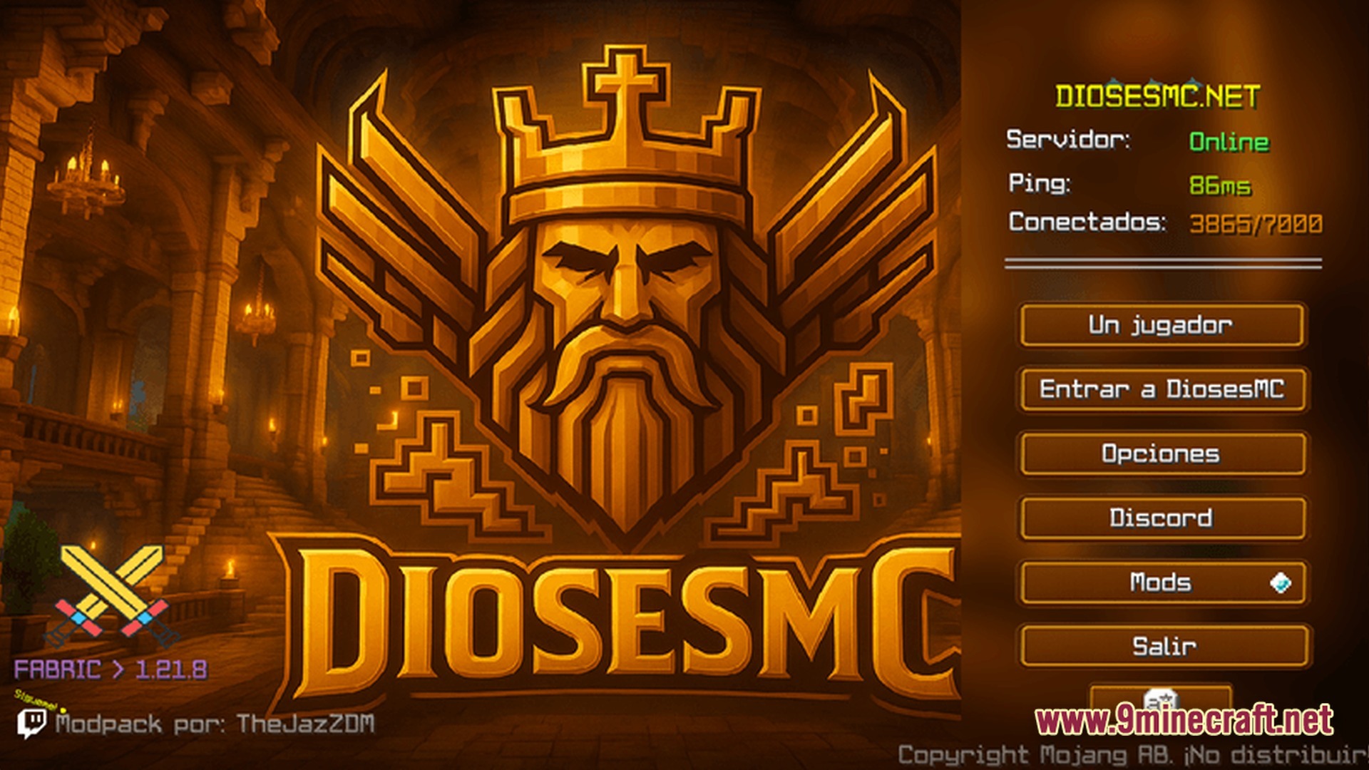 Dioses Mc Enhanced Unofficial Exo Team Modpack (1.21.8) – Play With Enhanced Creator Visuals 3 The main menu of diosesmc featuring a golden king logo and server connection status details