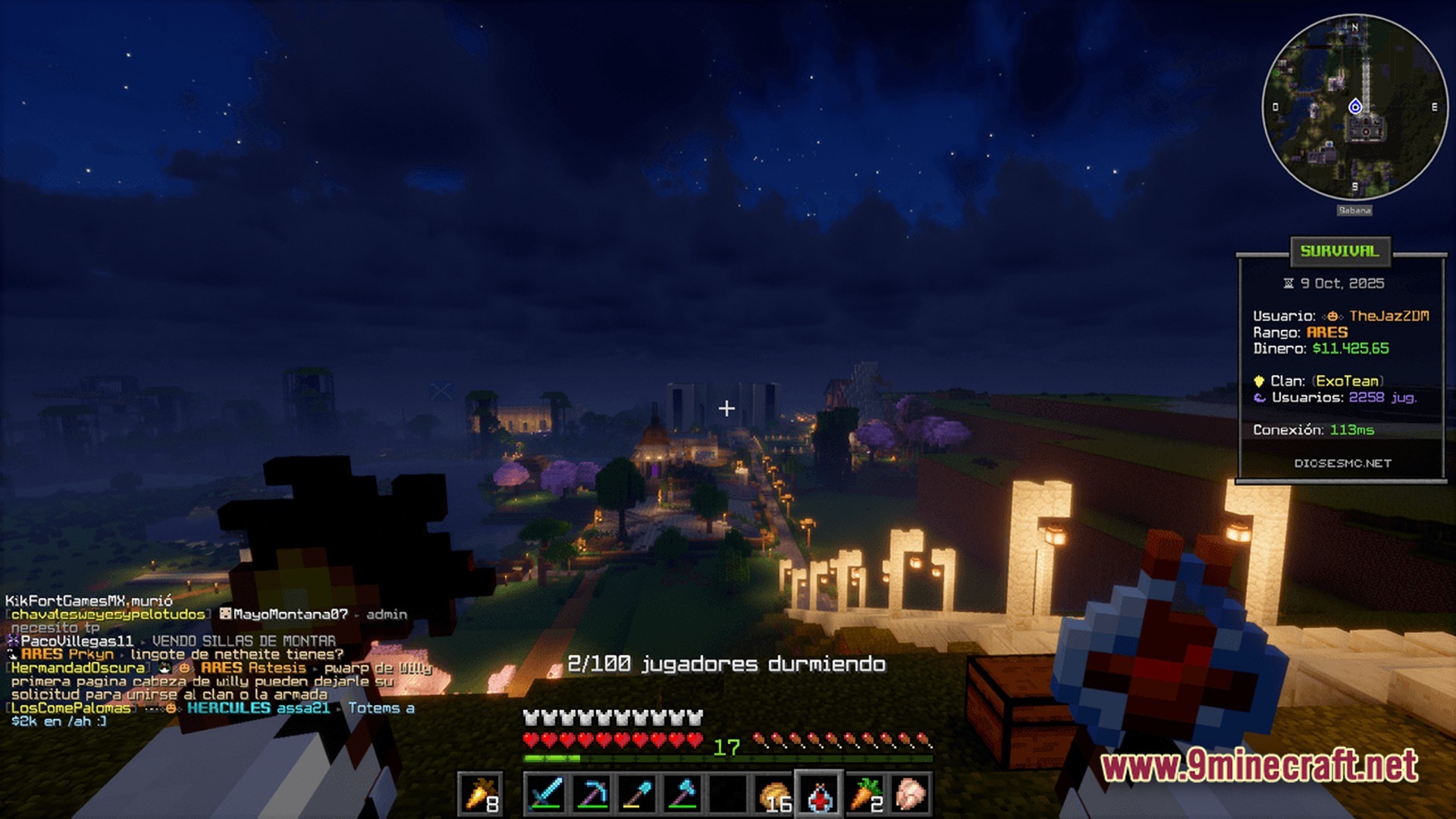 Dioses Mc Enhanced Unofficial Exo Team Modpack (1.21.8) – Play With Enhanced Creator Visuals 4 A night view of a lit pathway and structures in a survival multiplayer server environment