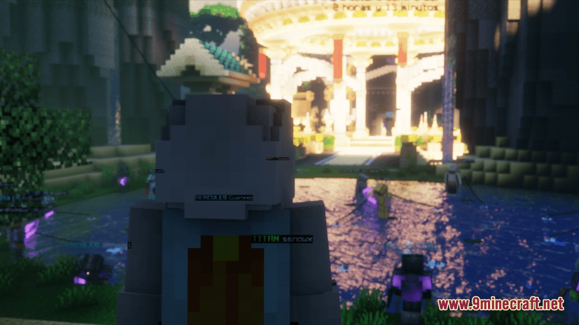 Dioses Mc Enhanced Unofficial Exo Team Modpack (1.21.8) – Play With Enhanced Creator Visuals 5 Players gather near a pond in front of a large, glowing white temple structure at sunset