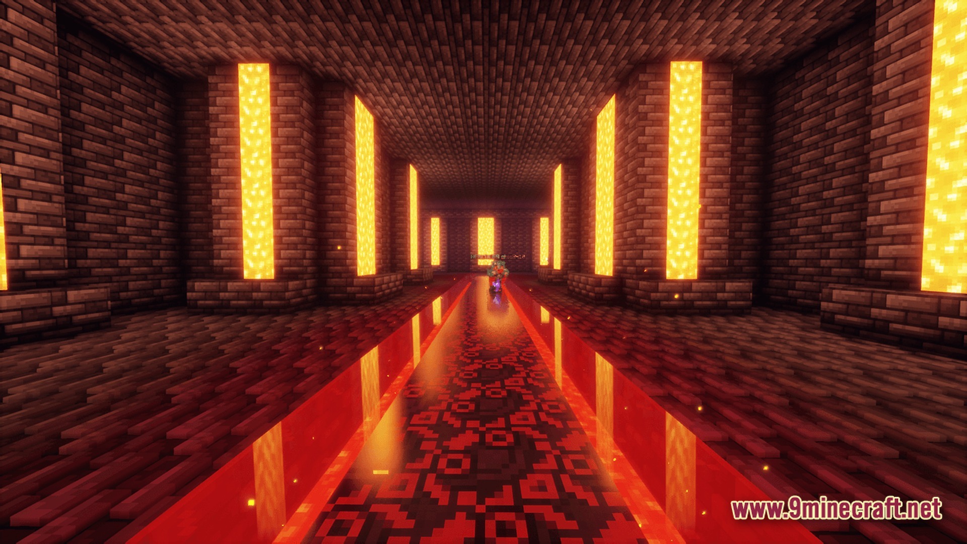 Dioses Mc Enhanced Unofficial Exo Team Modpack (1.21.8) – Play With Enhanced Creator Visuals 6 A stone brick corridor featuring glowing lava pillars and a decorative red patterned floor with shaders