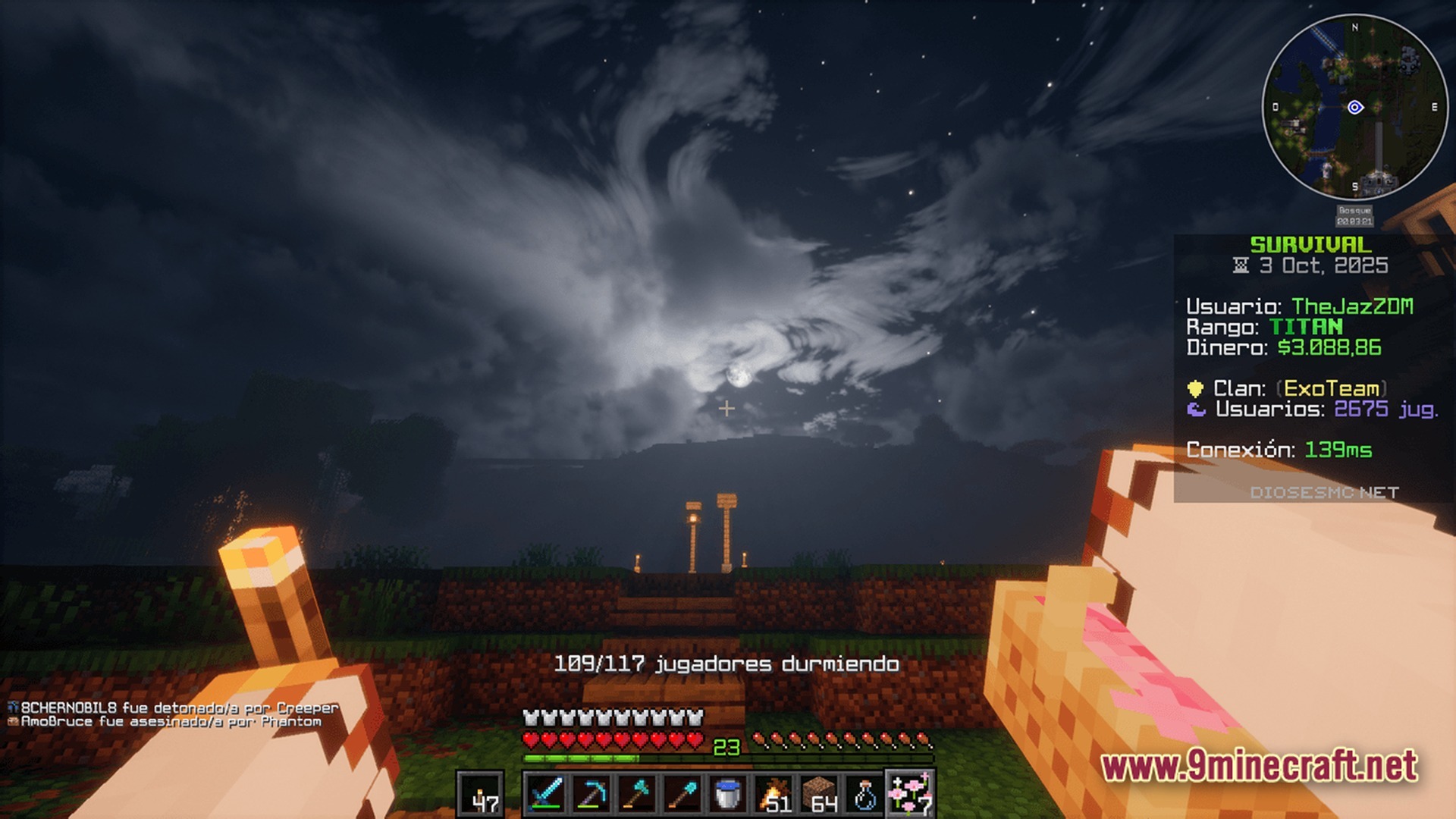 Dioses Mc Enhanced Unofficial Exo Team Modpack (1.21.8) – Play With Enhanced Creator Visuals 7 A player holds a torch and food under a cloudy night sky on a survival server