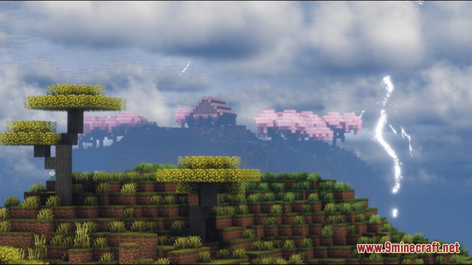Dioses Mc Enhanced Unofficial Exo Team Modpack (1.21.8) – Play With Enhanced Creator Visuals 8 A wooden house sits on a hill surrounded by cherry blossom trees during a lightning storm
