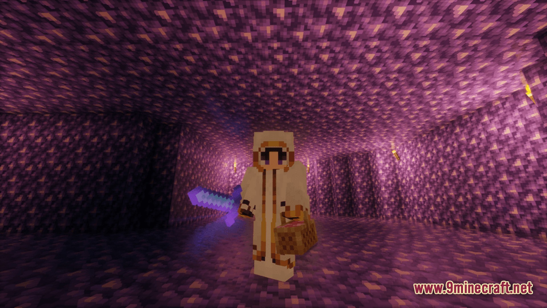 Dioses Mc Enhanced Unofficial Exo Team Modpack (1.21.8) – Play With Enhanced Creator Visuals 9 A player character holding a sword and basket stands inside a room made of amethyst blocks