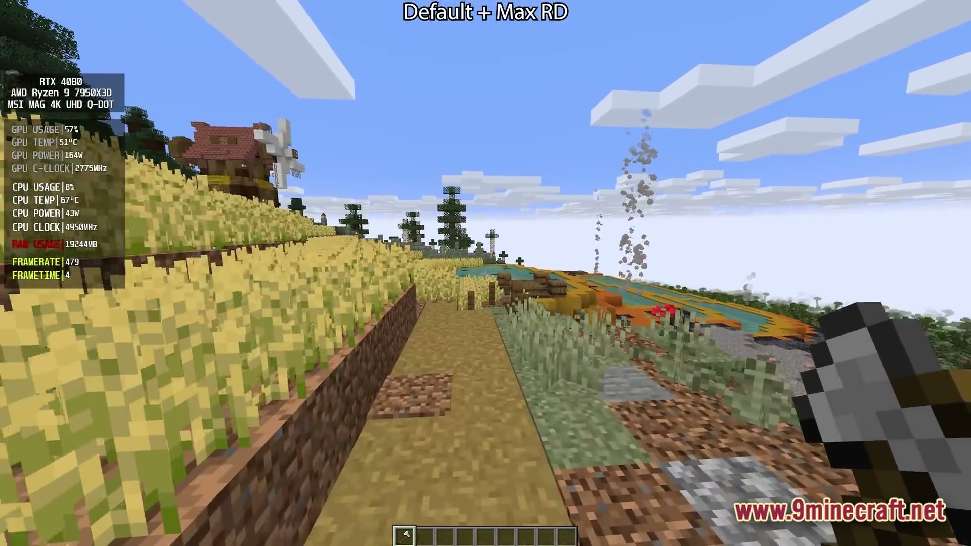 A wheat farm and windmill overlooking a distant valley with colorful thermal pools and geysers