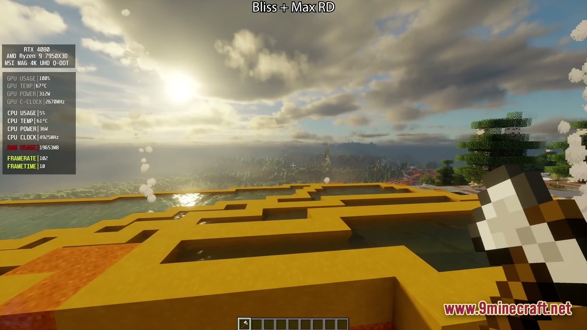 A first-person view of a minecraft landscape featuring terraced pools, distant forests, and a bright sun