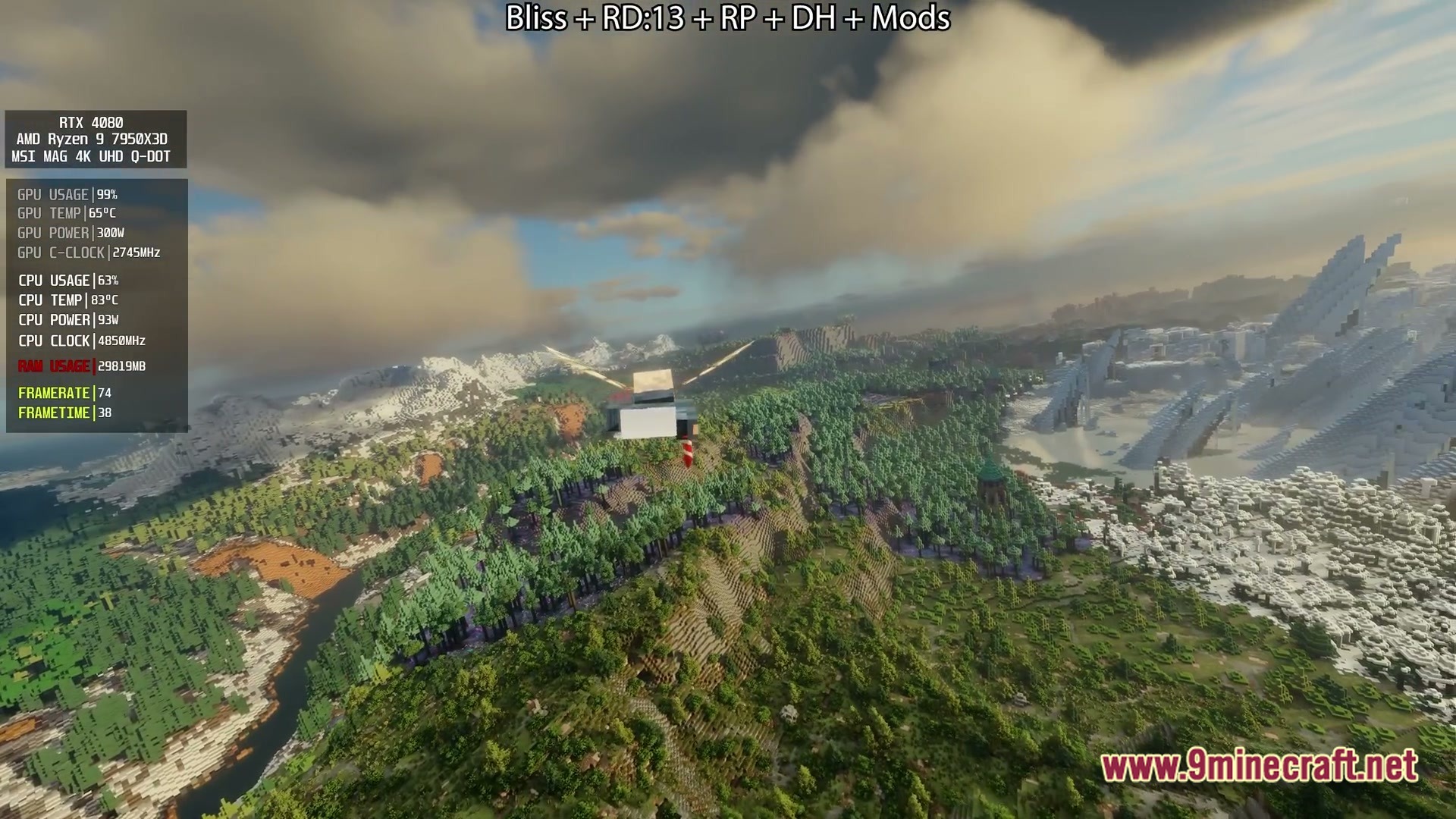 A player flies over a vast landscape featuring forests, snowy mountains, and icy biomes with shaders