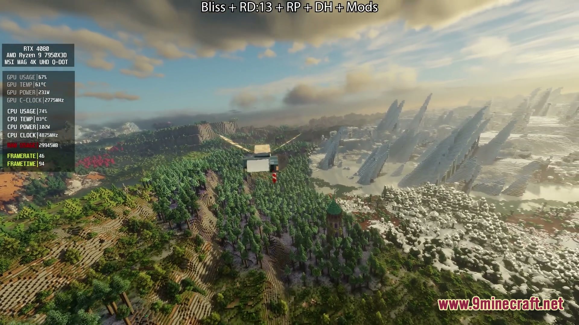 A player flies over a dense forest biome bordering a snowy landscape with massive ice spikes