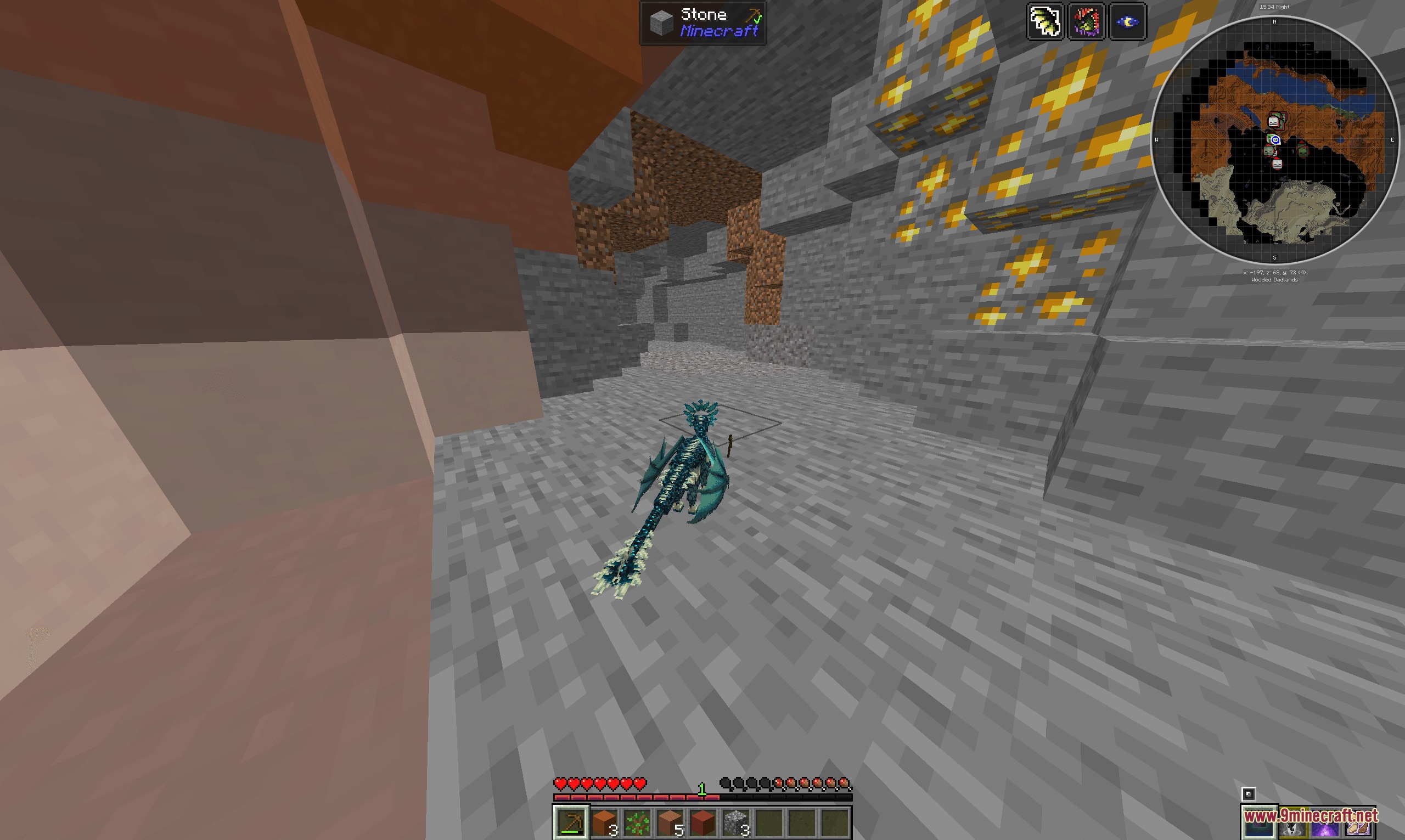 Dragon Survival Sculk Addon Resource Pack (26.1.2, 1.20.1) 7 The sculk dragon stands near gold ore veins inside a stone cave