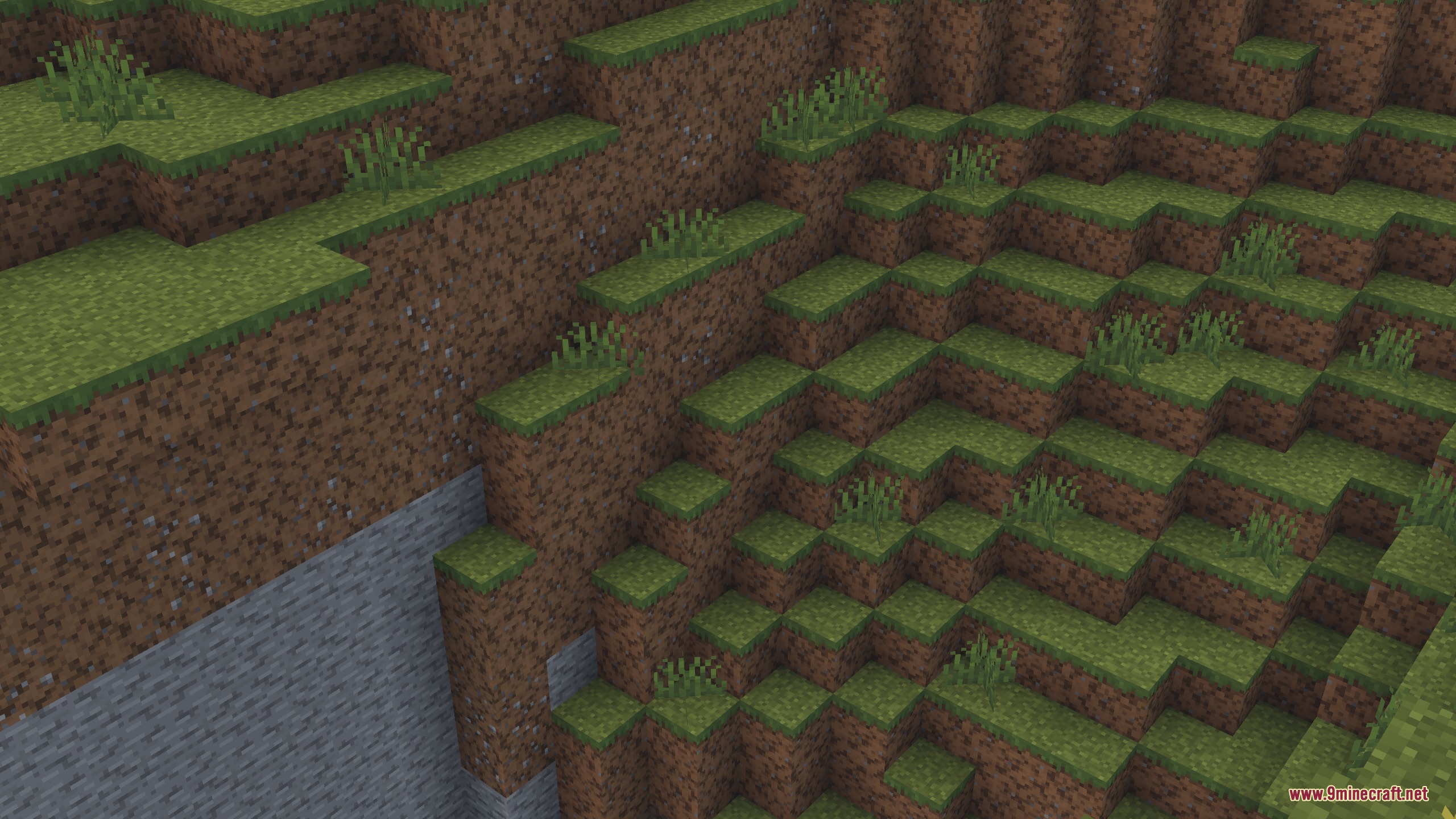 Dungeons Dirt Resource Pack (26.2, 1.20.1) – Rocky Ground Textures 2 A minecraft hillside showing grass and dirt blocks with unique pebble variations