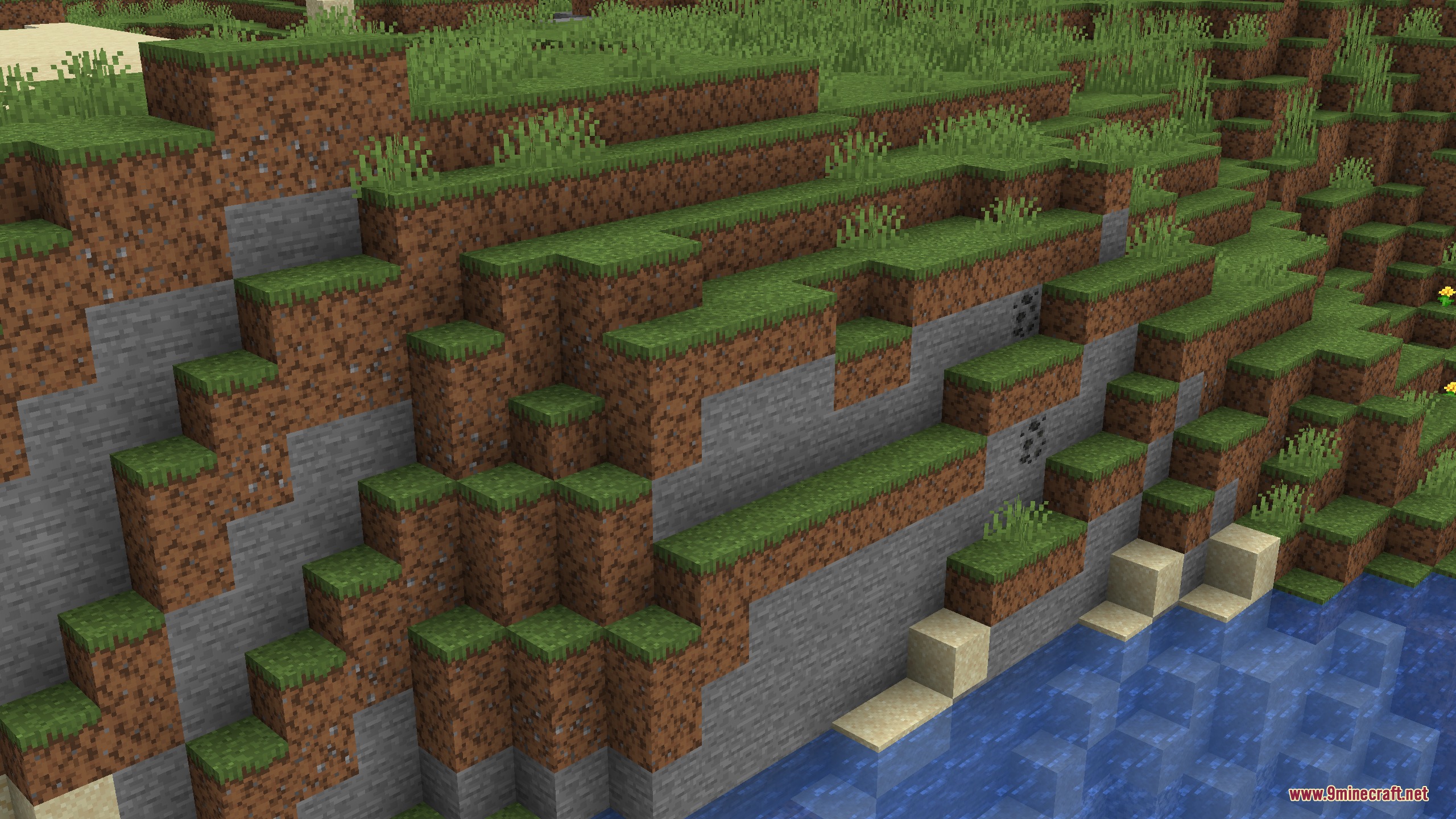 Dungeons Dirt Resource Pack (26.2, 1.20.1) – Rocky Ground Textures 5 Grassy hillside with dirt blocks featuring pebbles and random texture rotations
