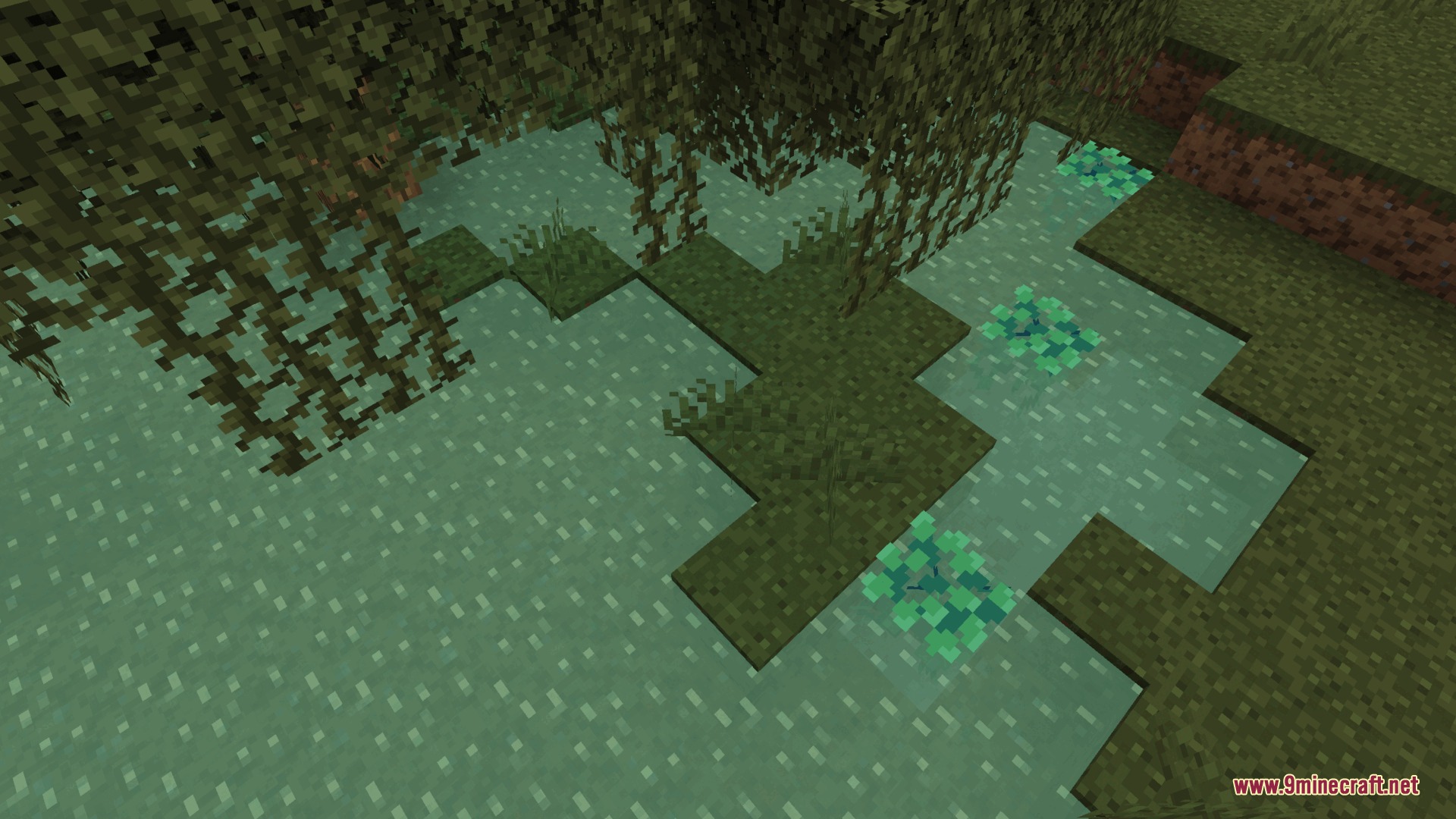 Dungeons Water Resource Pack (26.2, 1.20.1) – Colorful Stylized Water 2 Dungeons water resource pack showing stylized green swamp water and lily pads