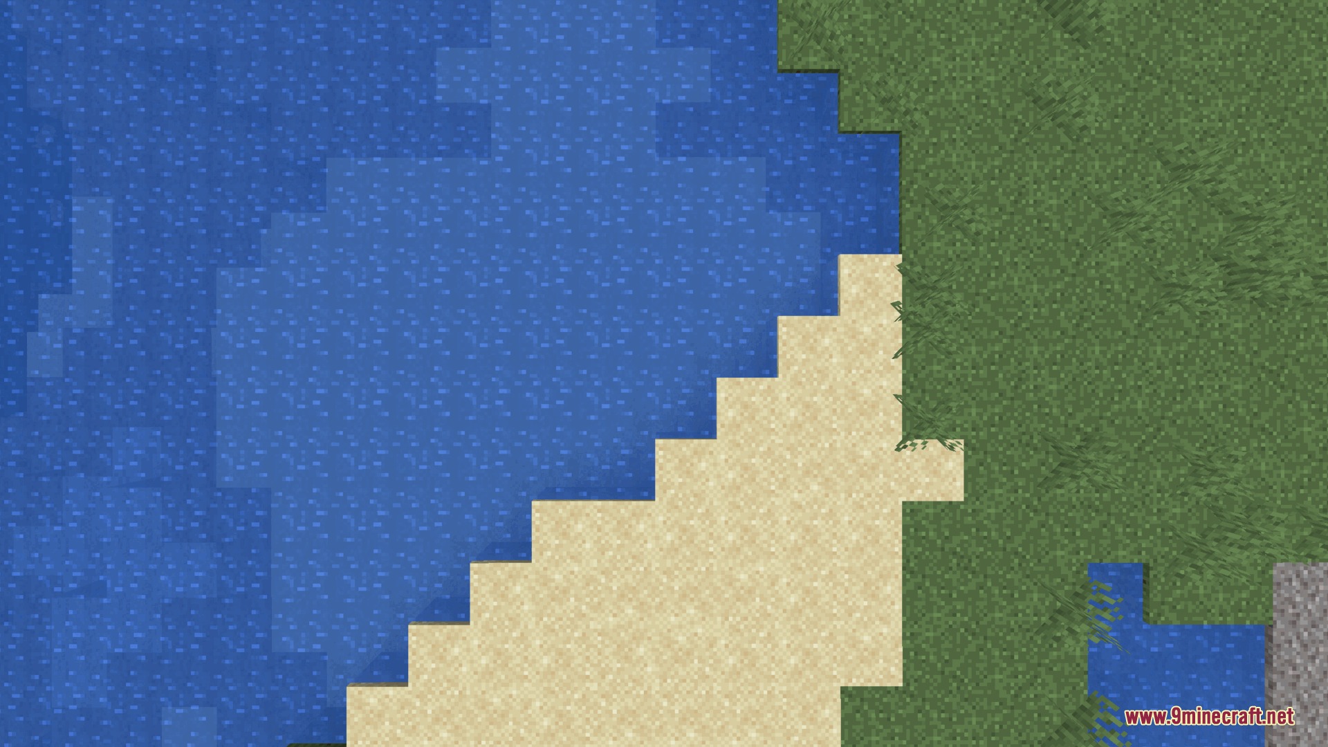 Dungeons Water Resource Pack (26.2, 1.20.1) – Colorful Stylized Water 3 Vibrant blue water textures bordering a sandy beach and green grass blocks
