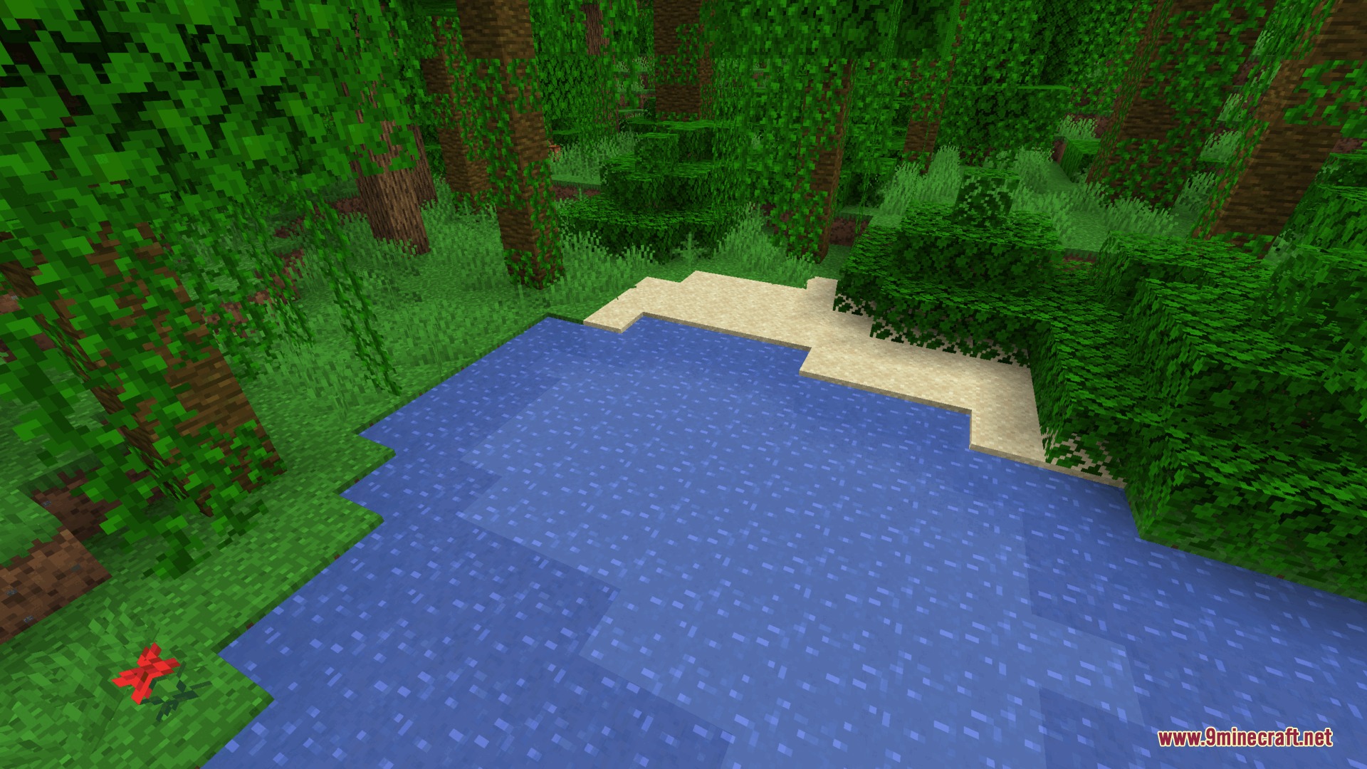Dungeons Water Resource Pack (26.2, 1.20.1) – Colorful Stylized Water 4 Lush jungle biome featuring clear blue water from dungeons water resource pack