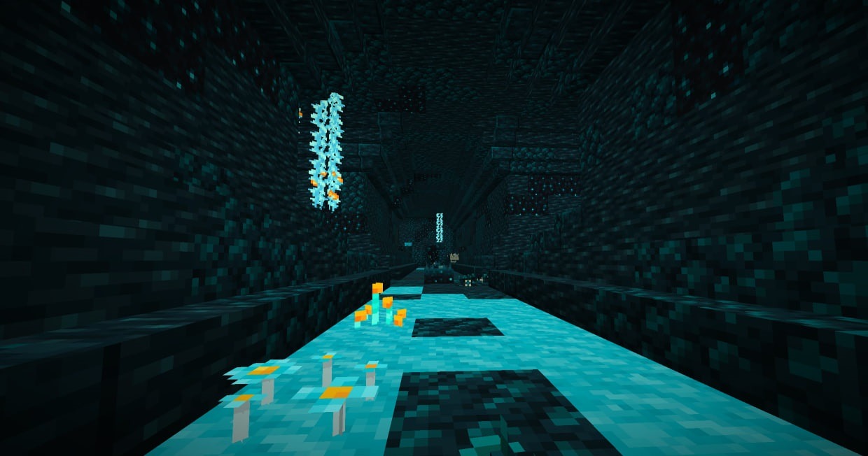 Bright blue sculk corridor with glowing plants in the dark otherside dimension