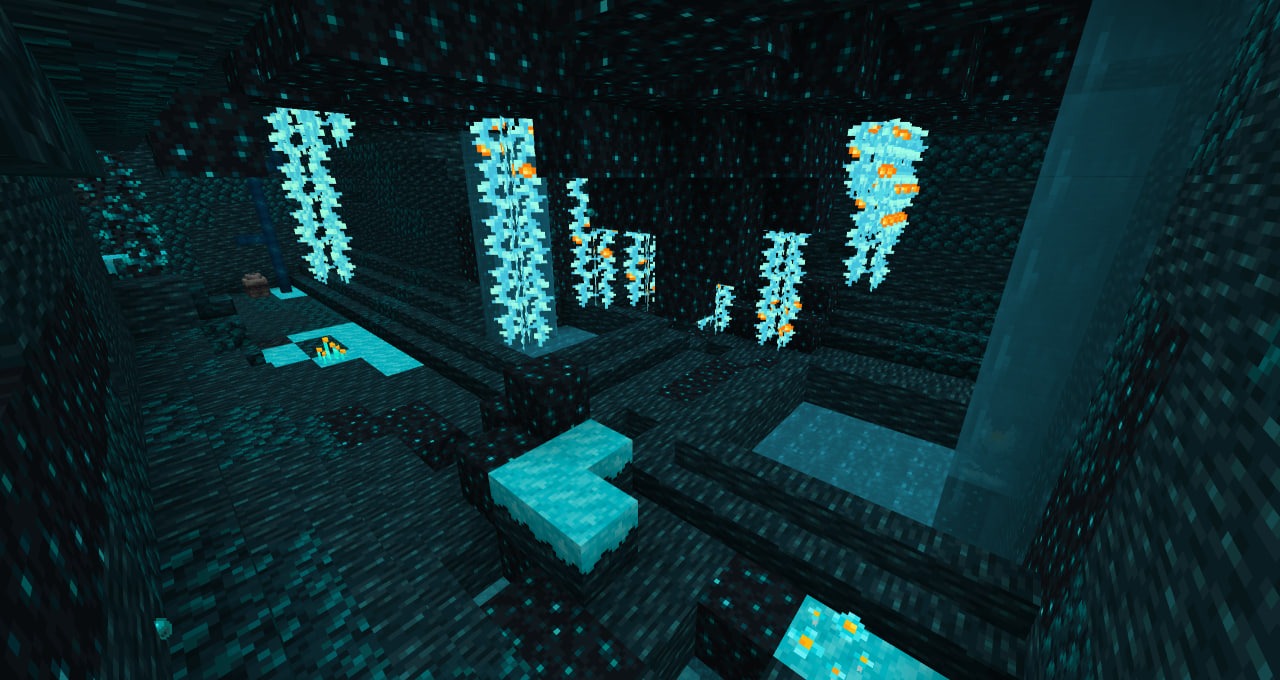 Glowing blue plants illuminate a dark sculk cavern in the otherside