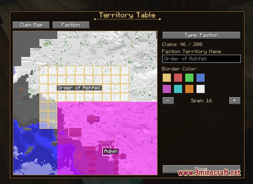 Territory table interface showing a map with claimed faction lands and color options