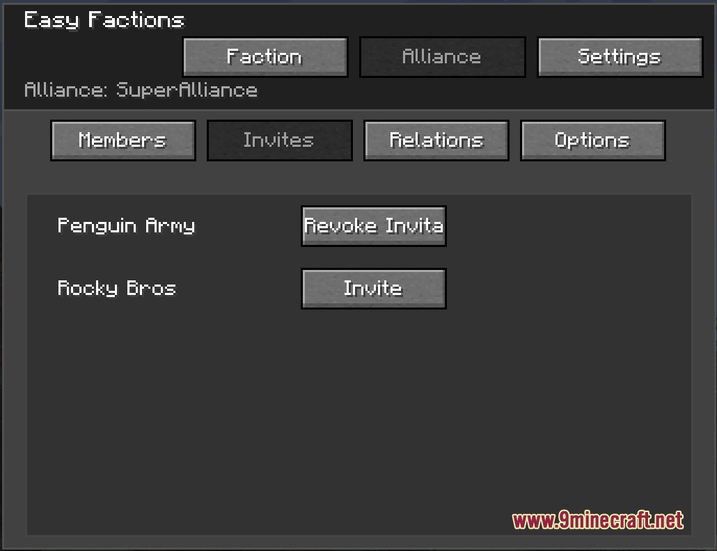 Easy factions interface showing options to invite or revoke alliance invitations