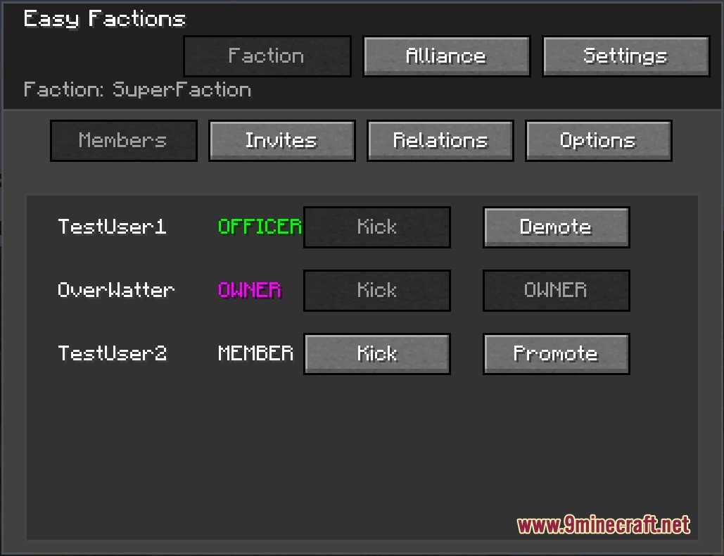 Interface for managing player ranks and membership within a custom faction group