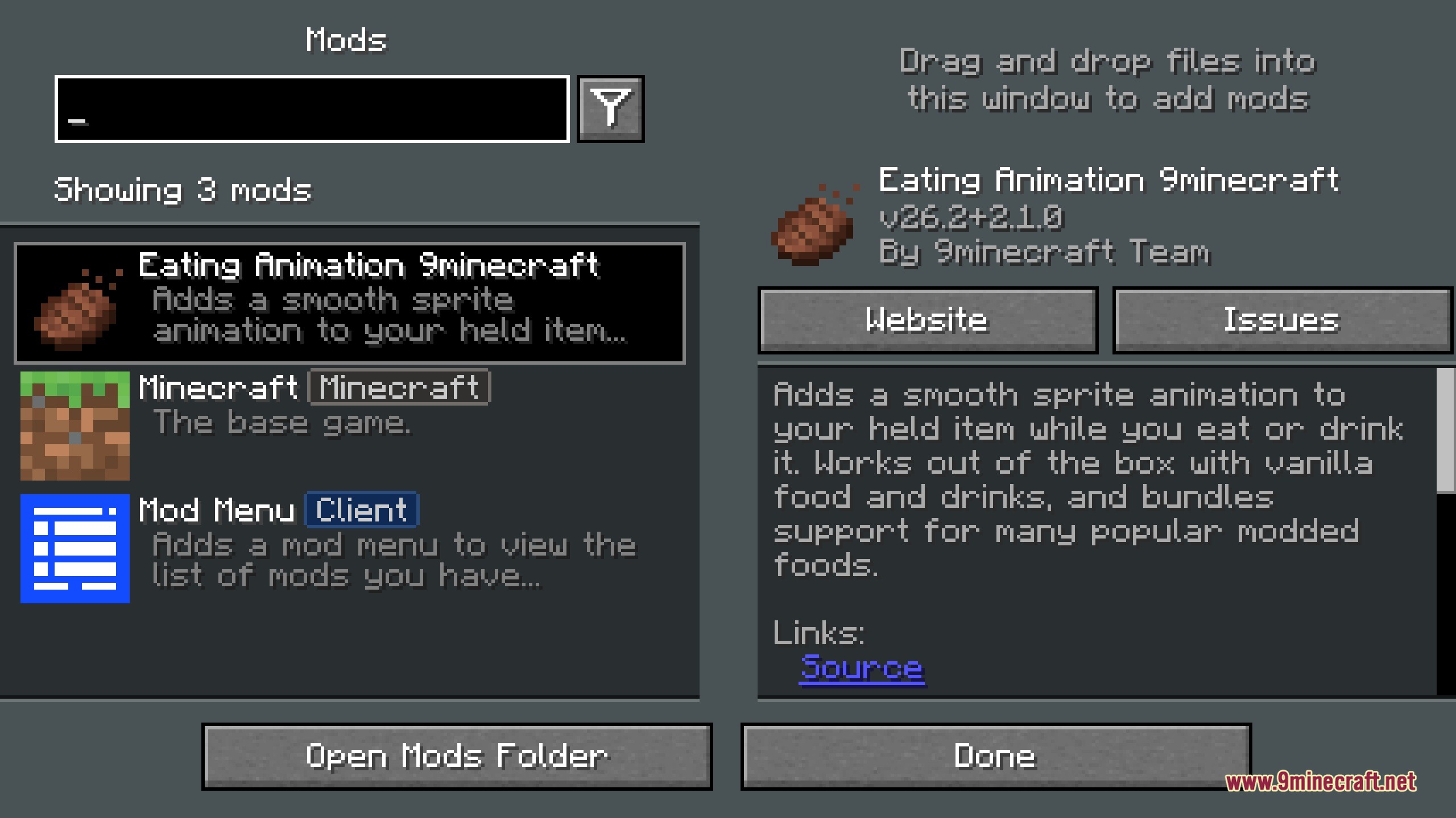 The minecraft mod menu screen displaying details for the eating animation mod