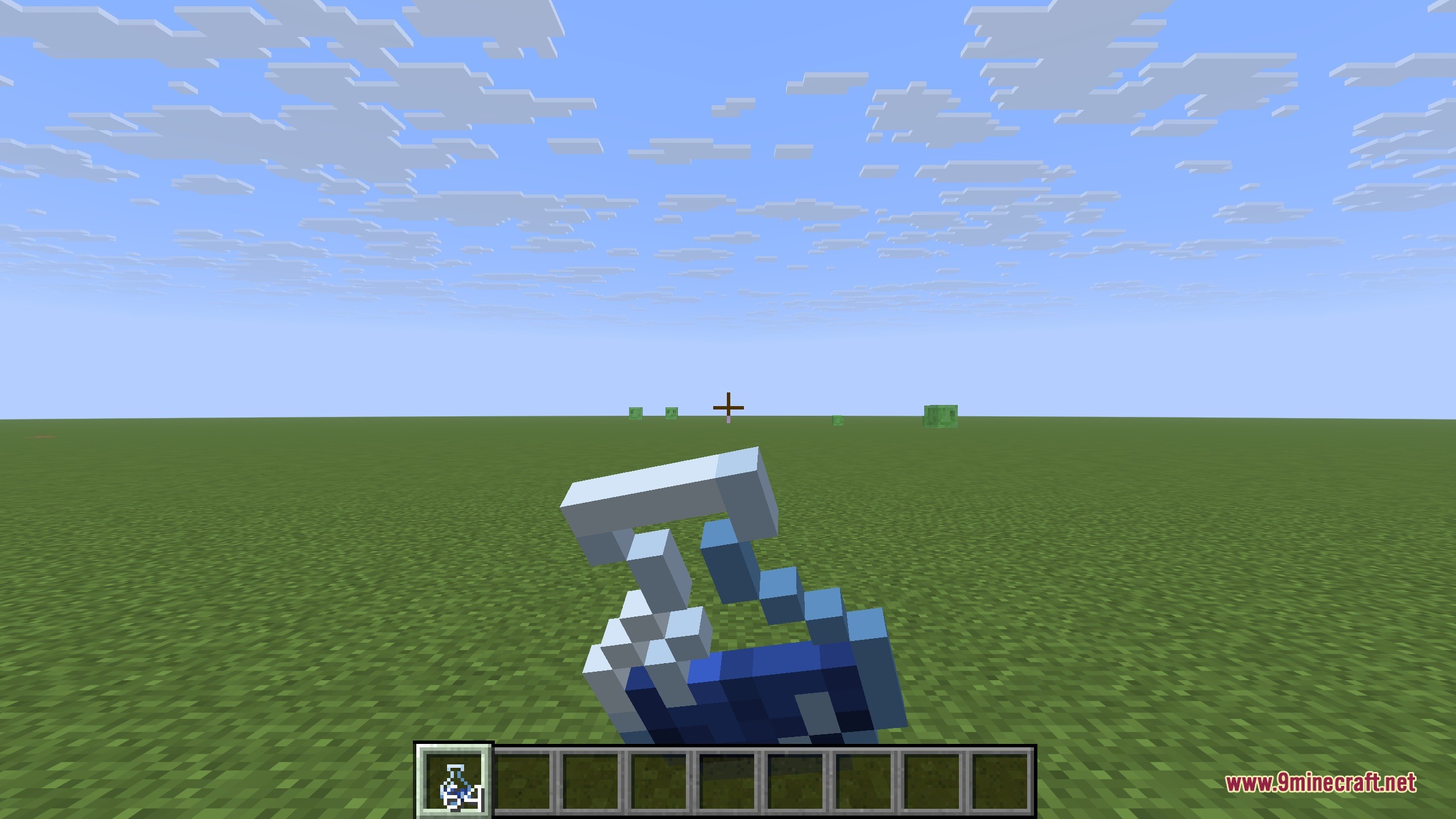 Player drinking a blue potion with eating animation mod in minecraft