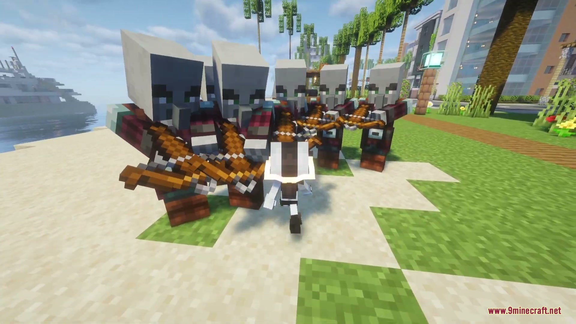 Echoes After Echoes Mod (1.20.1) – Unleash Sonic Blasts As Echo Echo In Survival 3 Pillagers with crossbows surround the small white alien on a sandy beach