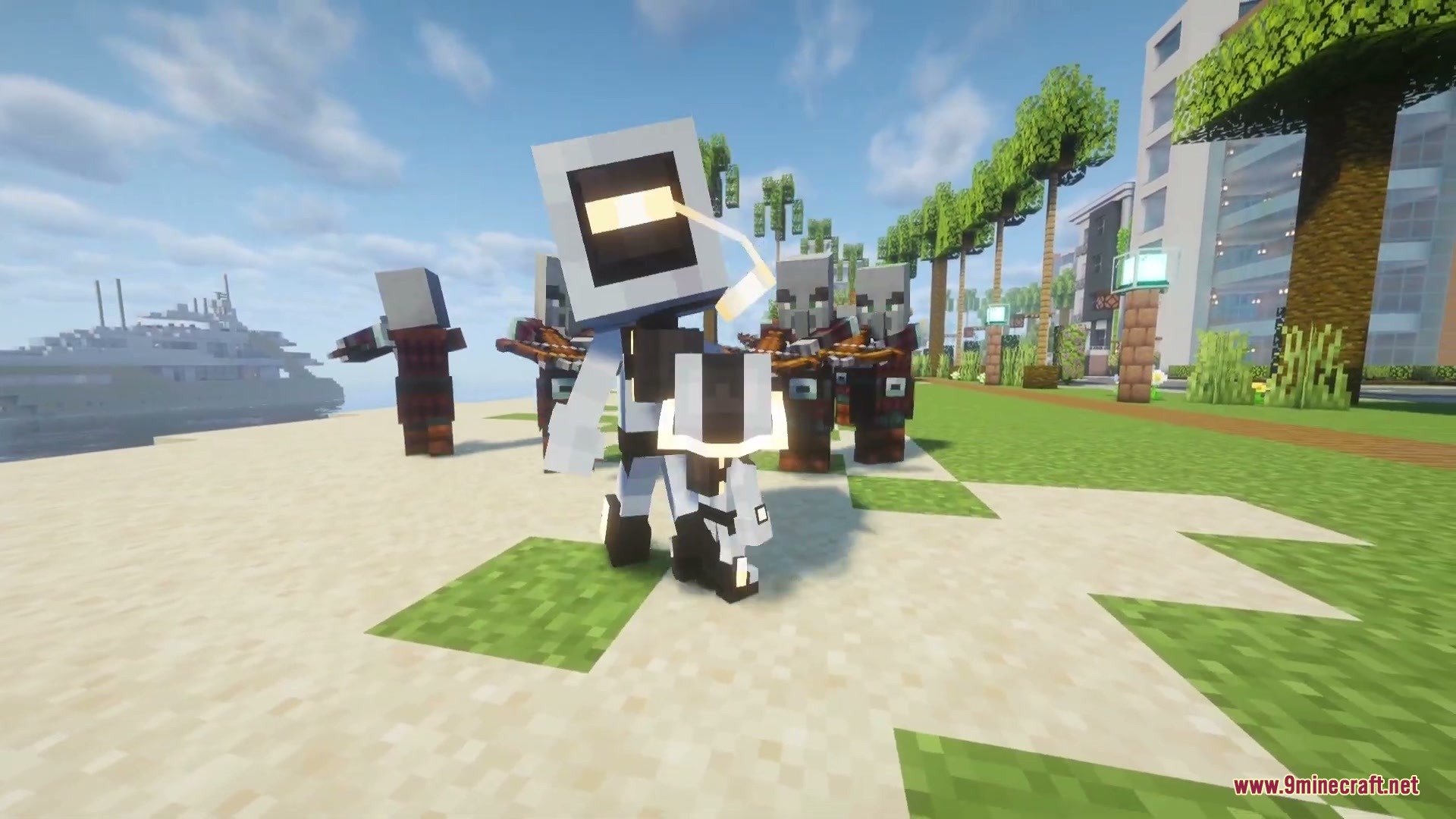 Echoes After Echoes Mod (1.20.1) – Unleash Sonic Blasts As Echo Echo In Survival 6 Echo echo character standing on a beach while pillagers aim their crossbows