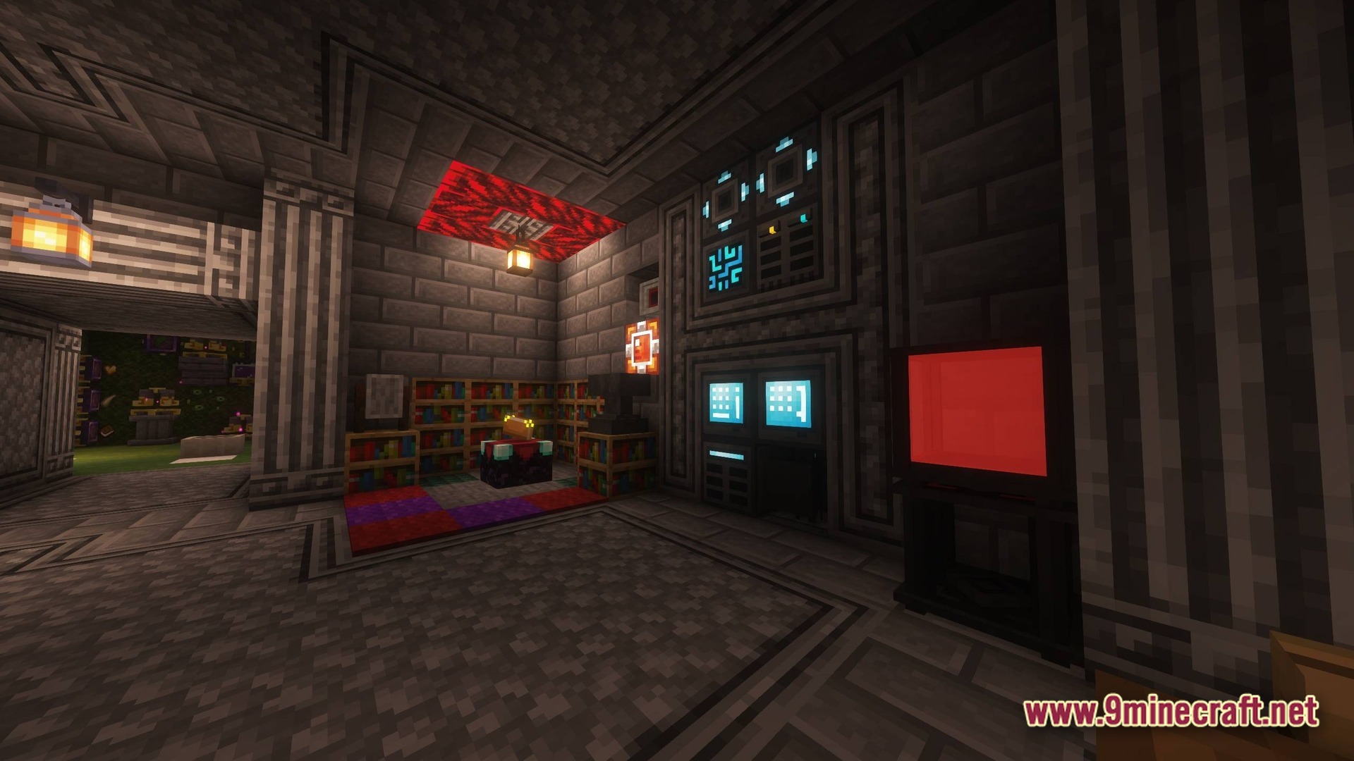 Echoes Of Nostalgia Expert Modpack (1.20.6) – Challenging Quests And Classic Mods 10 A stone brick interior featuring an enchanting table, bookshelves, and various technological machinery and screens