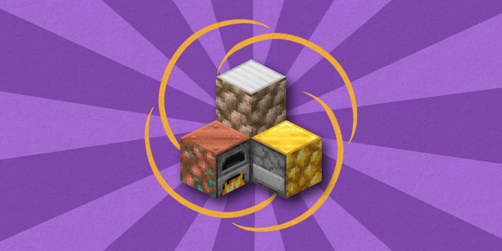 Three minecraft raw ore blocks with furnace faces on a purple background