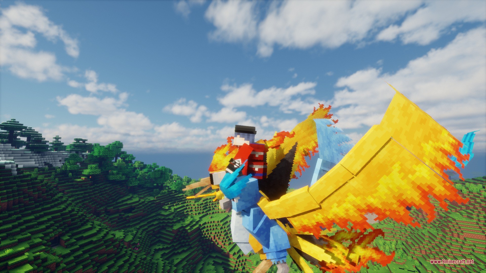 Minecraft player flying on the elemental storm sovereign bird over a green landscape