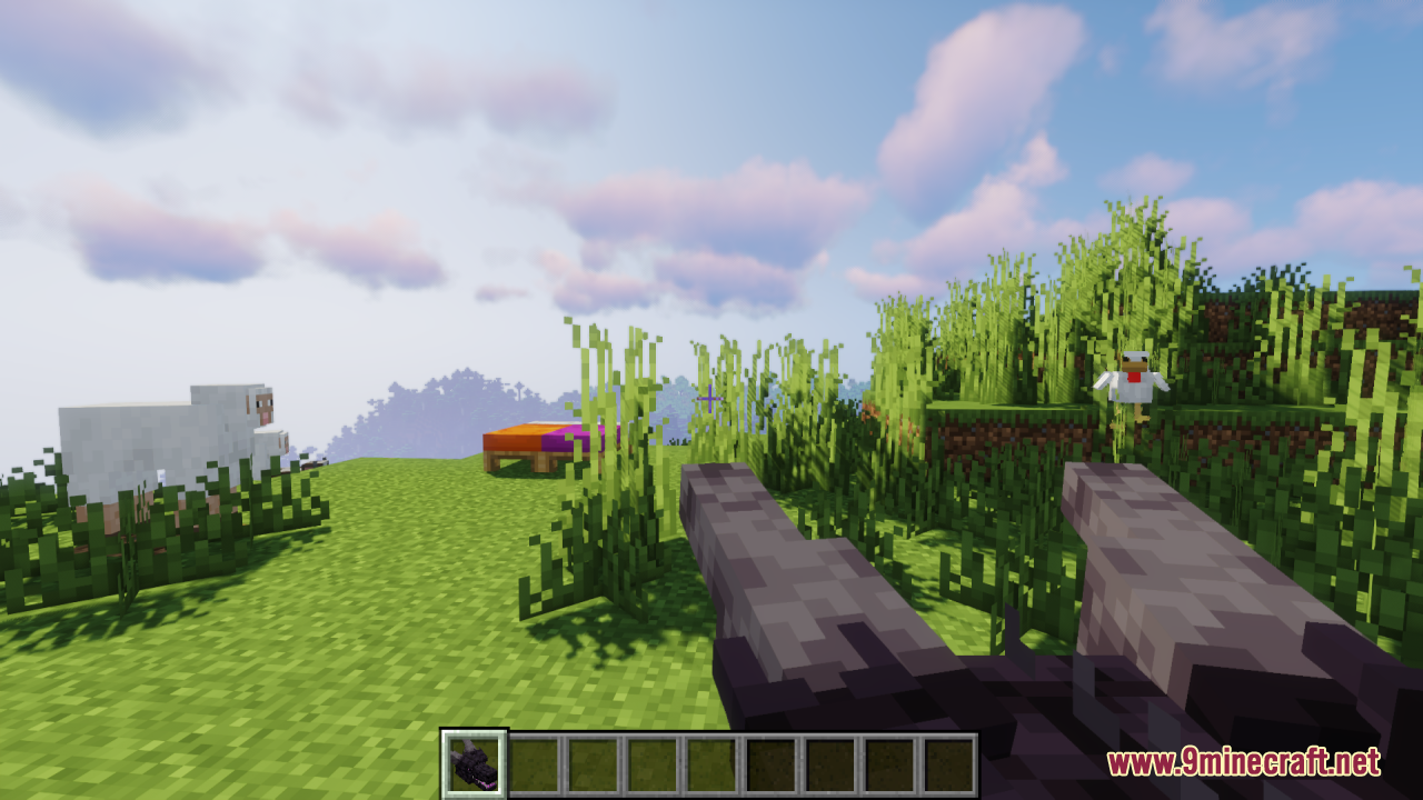 Ender Dragon Reborn Resource Pack (26.2, 1.20.1) – A Terrifying Wyvern Boss 2 Player holding a dark dragon head item while looking at a white chicken