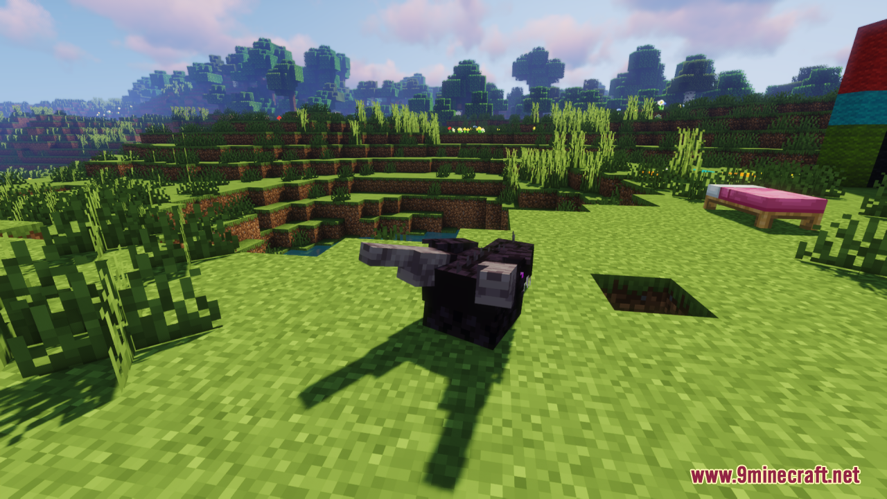 Ender Dragon Reborn Resource Pack (26.2, 1.20.1) – A Terrifying Wyvern Boss 11 A small black wyvern creature standing on the grass in a minecraft world