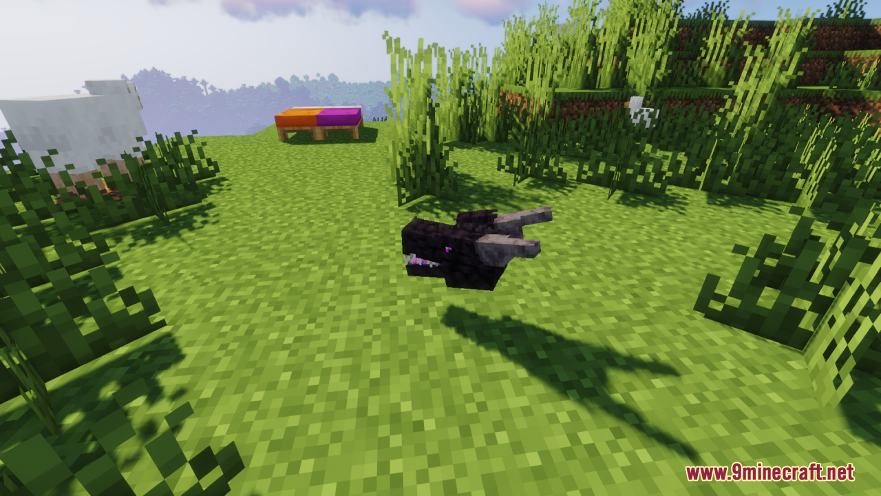 Ender Dragon Reborn Resource Pack (26.2, 1.20.1) – A Terrifying Wyvern Boss 4 A detailed ender dragon head model floating over a grassy minecraft field