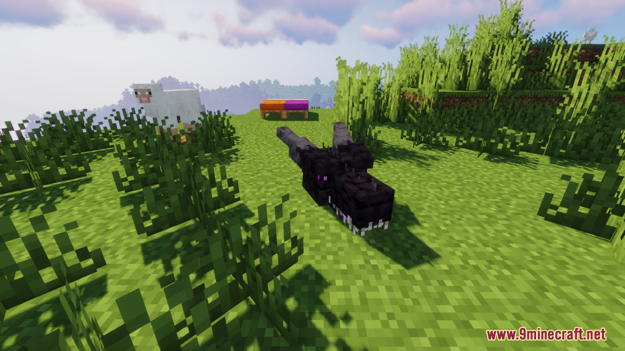 Ender Dragon Reborn Resource Pack (26.2, 1.20.1) – A Terrifying Wyvern Boss 7 The aggressive ender dragon reborn head sitting in a field with sheep