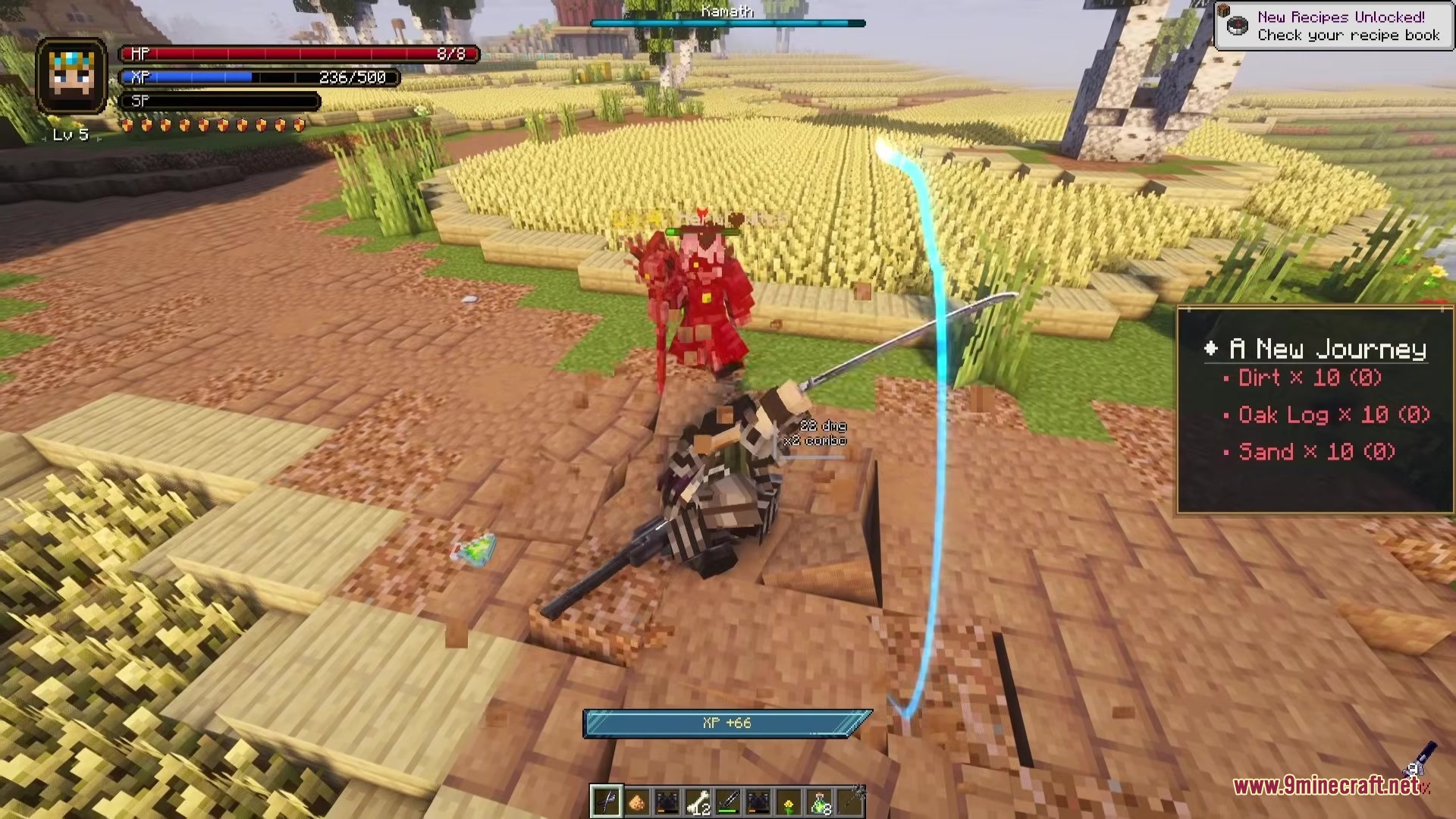 Player battling a red monster with bright glowing blue sword swing trails