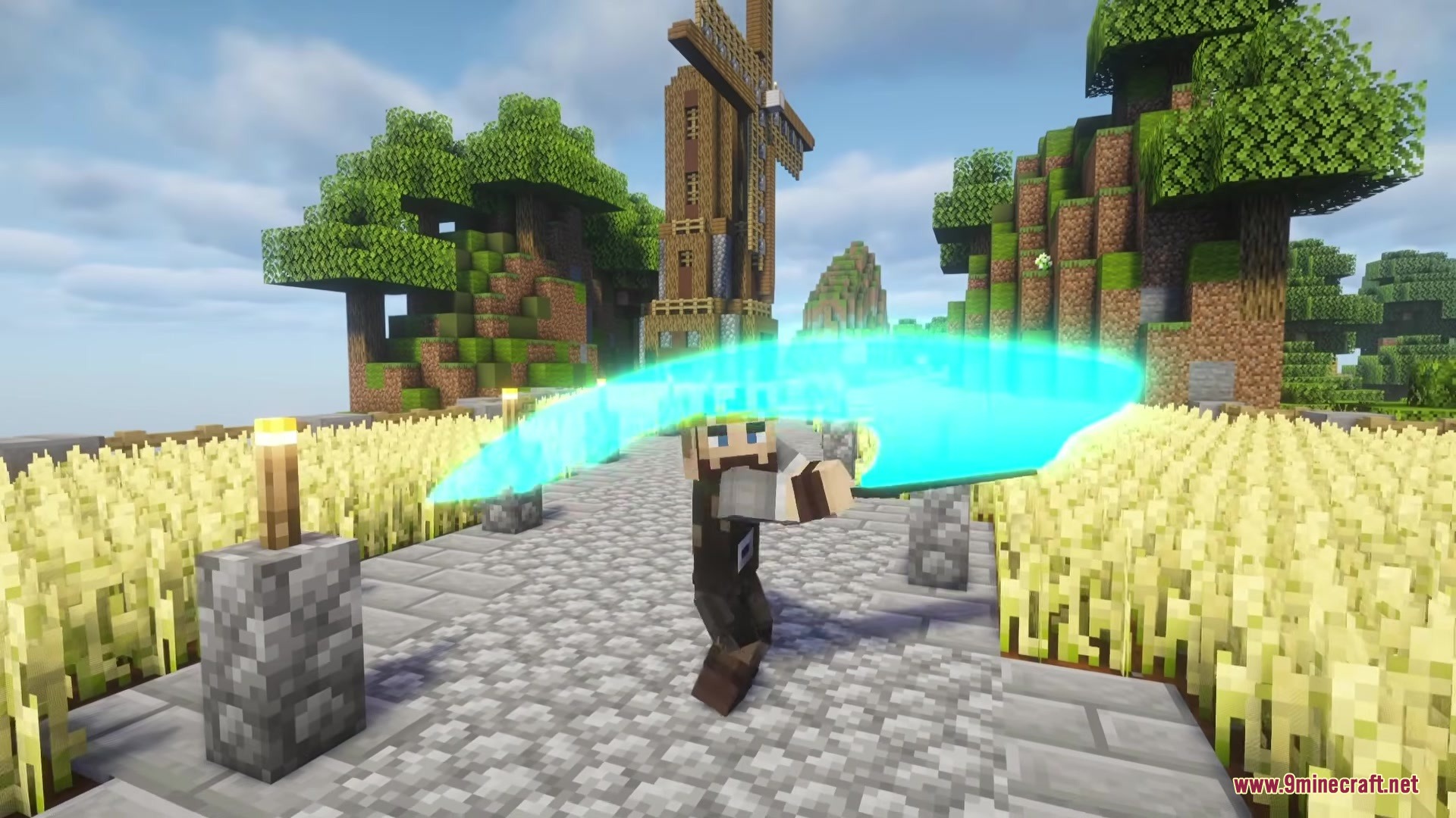 A player swings a sword creating a bright cyan glowing light trail outdoors