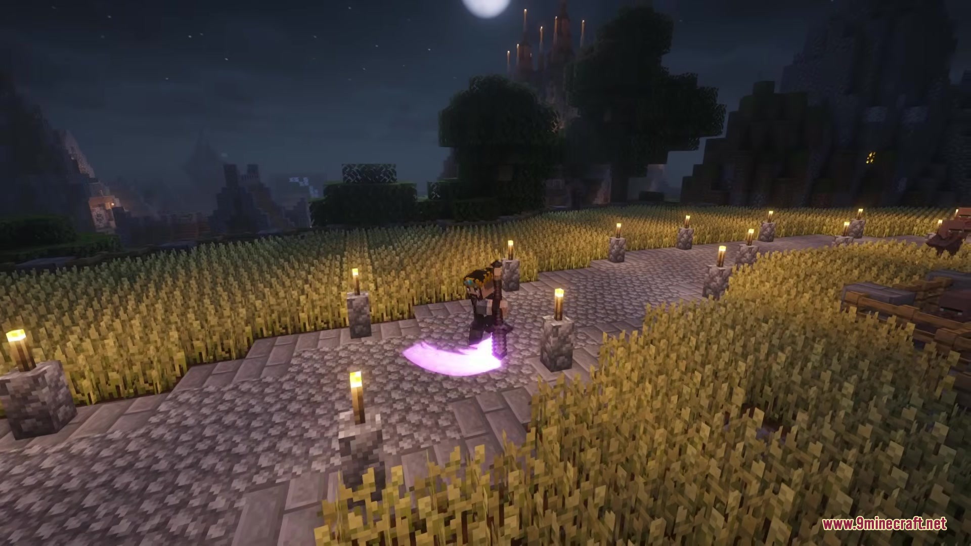 A character performs a sword strike with a glowing purple trail at night