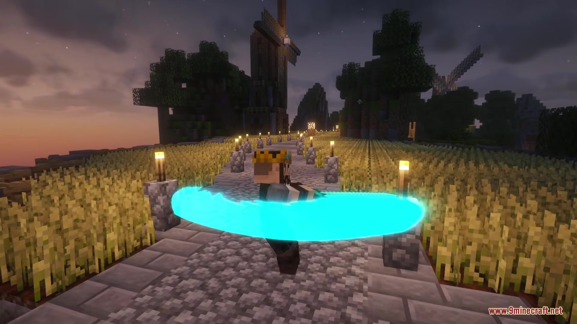 A minecraft player performs a spin attack with a glowing cyan light trail