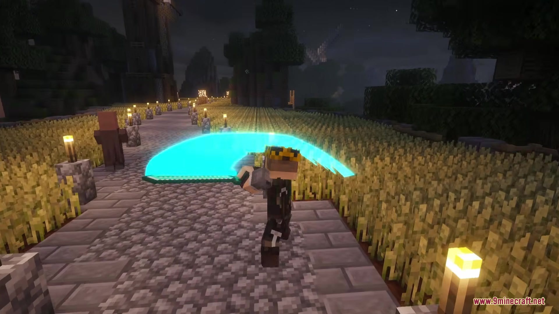 A minecraft character swings a sword creating a bright glowing cyan arc trail